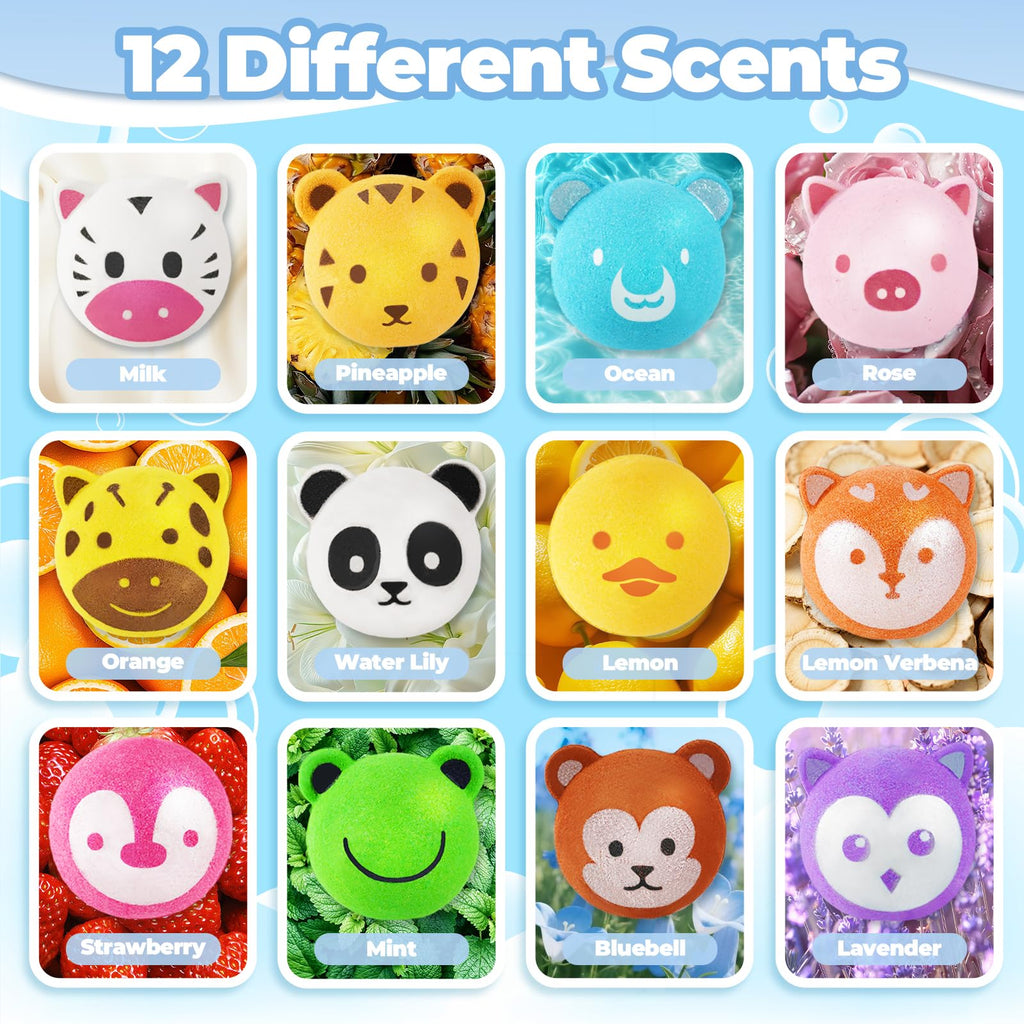 Bath Bombs for Kids with Surprise Toys Inside, 12 Pcs Bubble Bath Fizzy Balls with 12 Animal Shapes, Natural Bath Bombs Birthday Christmas Gift Set for Kids Girls Boys Toddlers