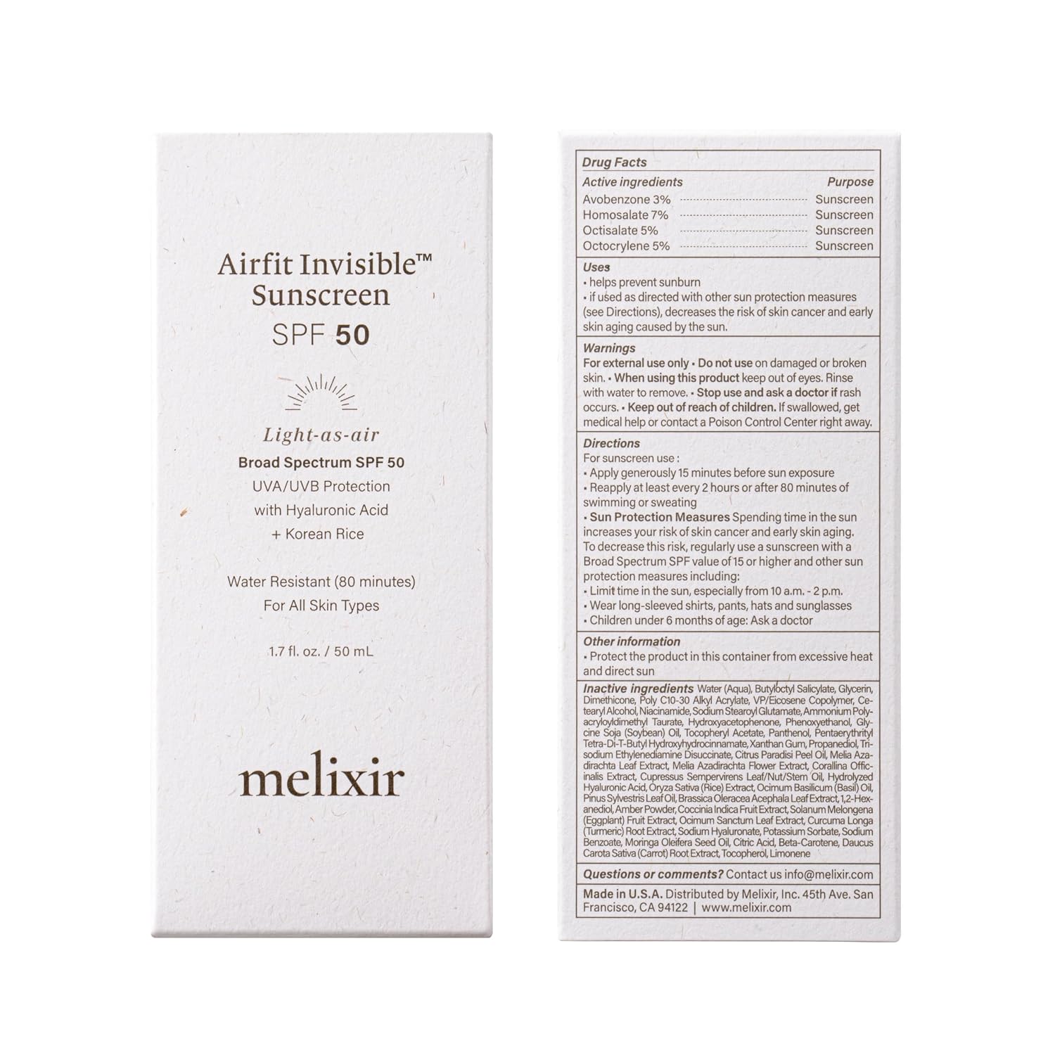 Melixir Airfit Invisible™ Sunscreen SPF 50, Broad Spectrum Korean Rice Sunscreen for Face, Hyaluronic Acid, Moisturizing Daily Protection for Sensitive Skin, No White Cast, Waterproof (1.7fl.oz./50ml)