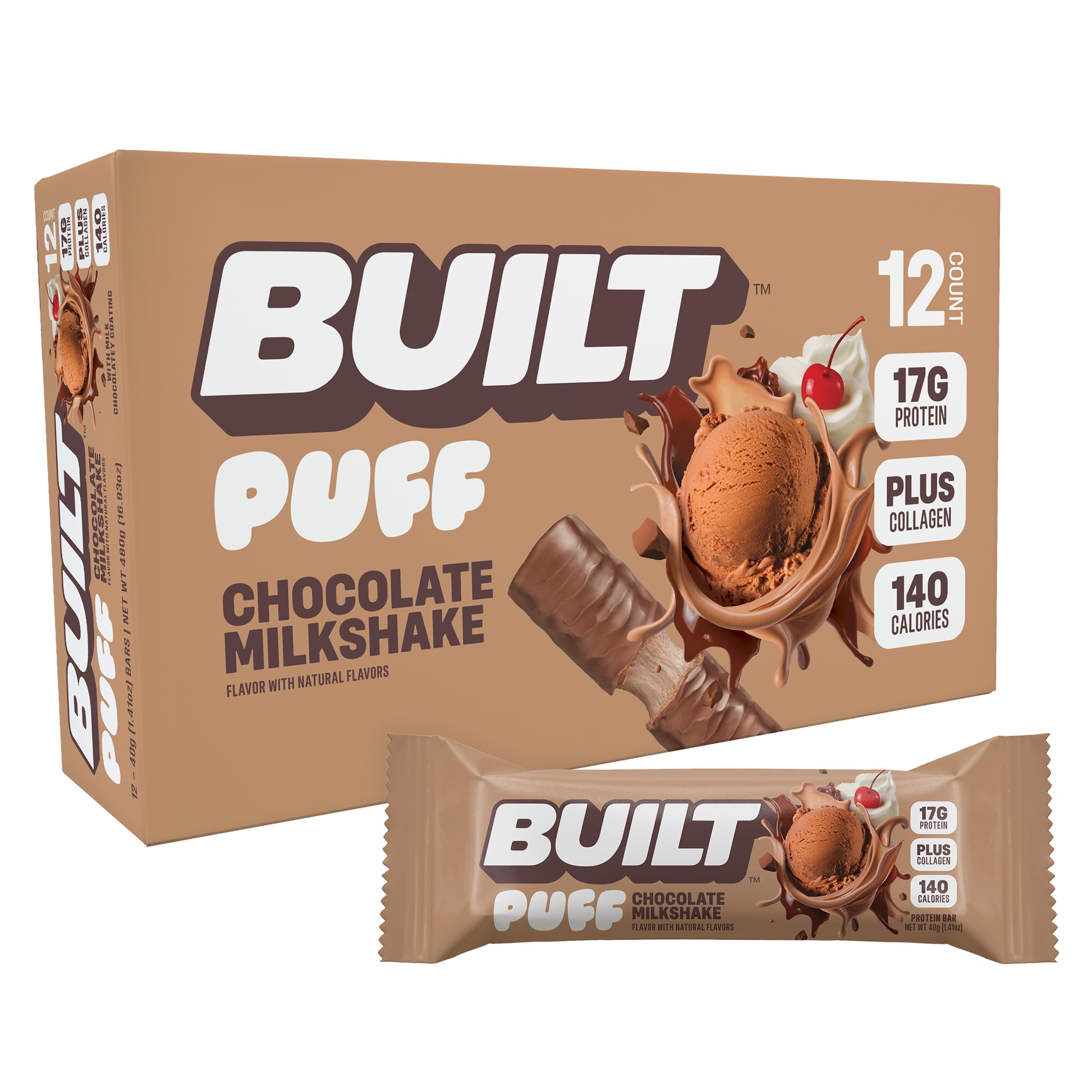 BUILT Bar Puff Protein Bars - Variety Pack - 15-17g Protein Snack Bars with Collagen - Calorie Conscious & Gluten Free - 12 Count, Variety May Vary | Protein Snack Bars with Collagen, Calorie Conscious, Gluten Free