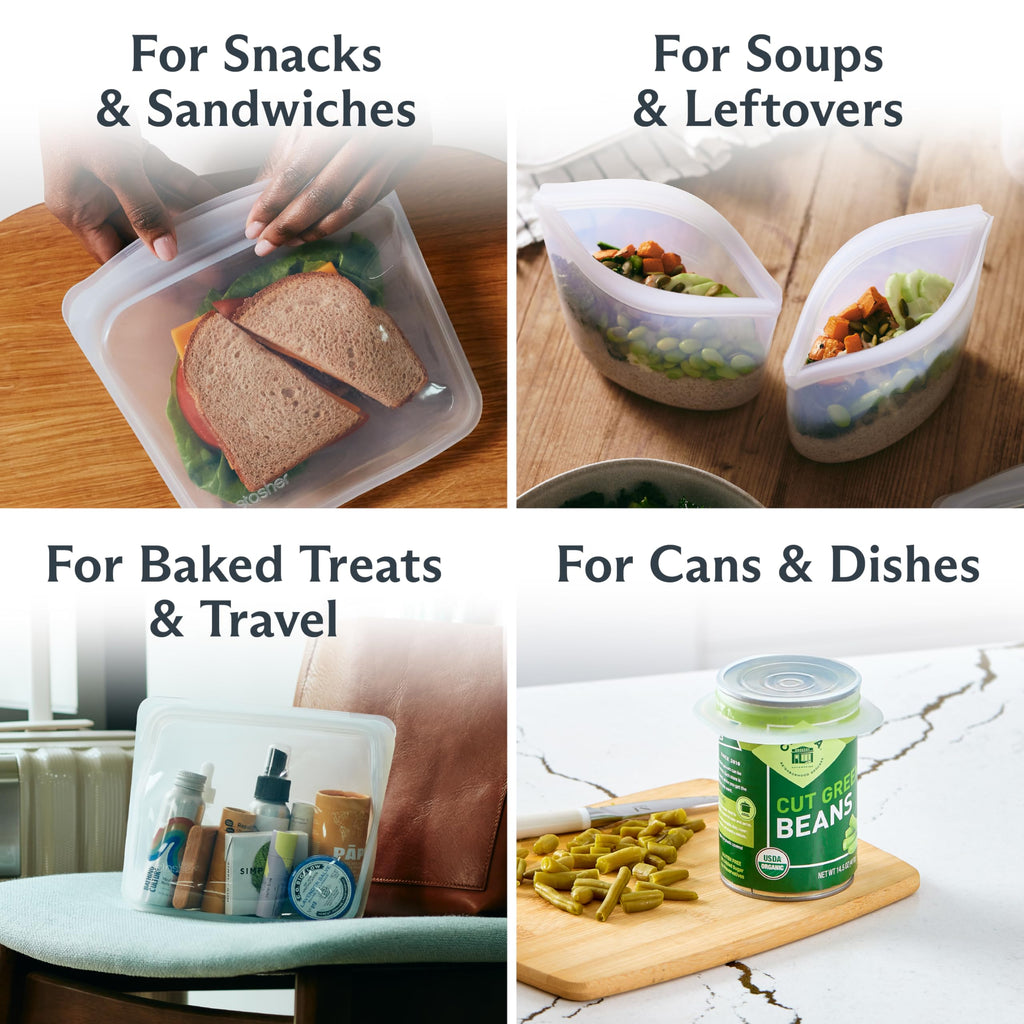 Stasher Silicone Reusable Storage Bags, 4-Pack Starter Kit, Reusable Freezer Bags, Microwave, Dishwasher, Oven Safe, Sous Vide, Premium Lunch Containers, Eco Friendly, Food Storage Bags, Clear