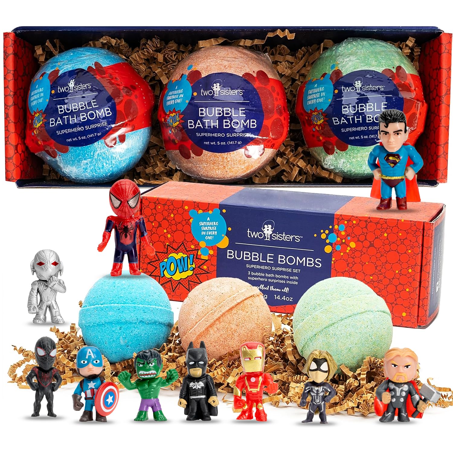Superhero Bath Bombs for Kids & Boys with Surprise Hero Toys Inside (1 Pack) - Large Bubble Bath Bombs for Boys & Girls - Birthday Gift & Goodie Bags for Kids - Fruity Scent, USA Made by Two Sisters