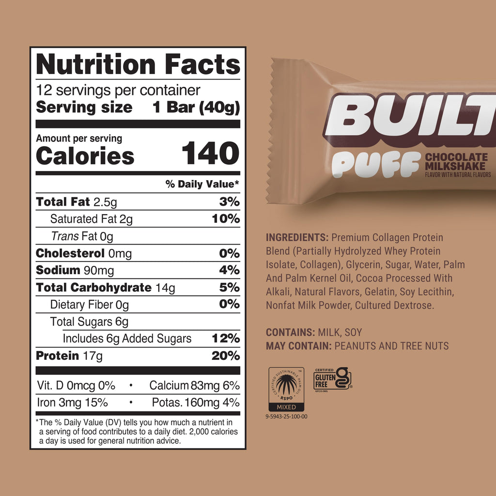 BUILT Bar Puff Protein Bars - Variety Pack - 15-17g Protein Snack Bars with Collagen - Calorie Conscious & Gluten Free - 12 Count, Variety May Vary | Protein Snack Bars with Collagen, Calorie Conscious, Gluten Free