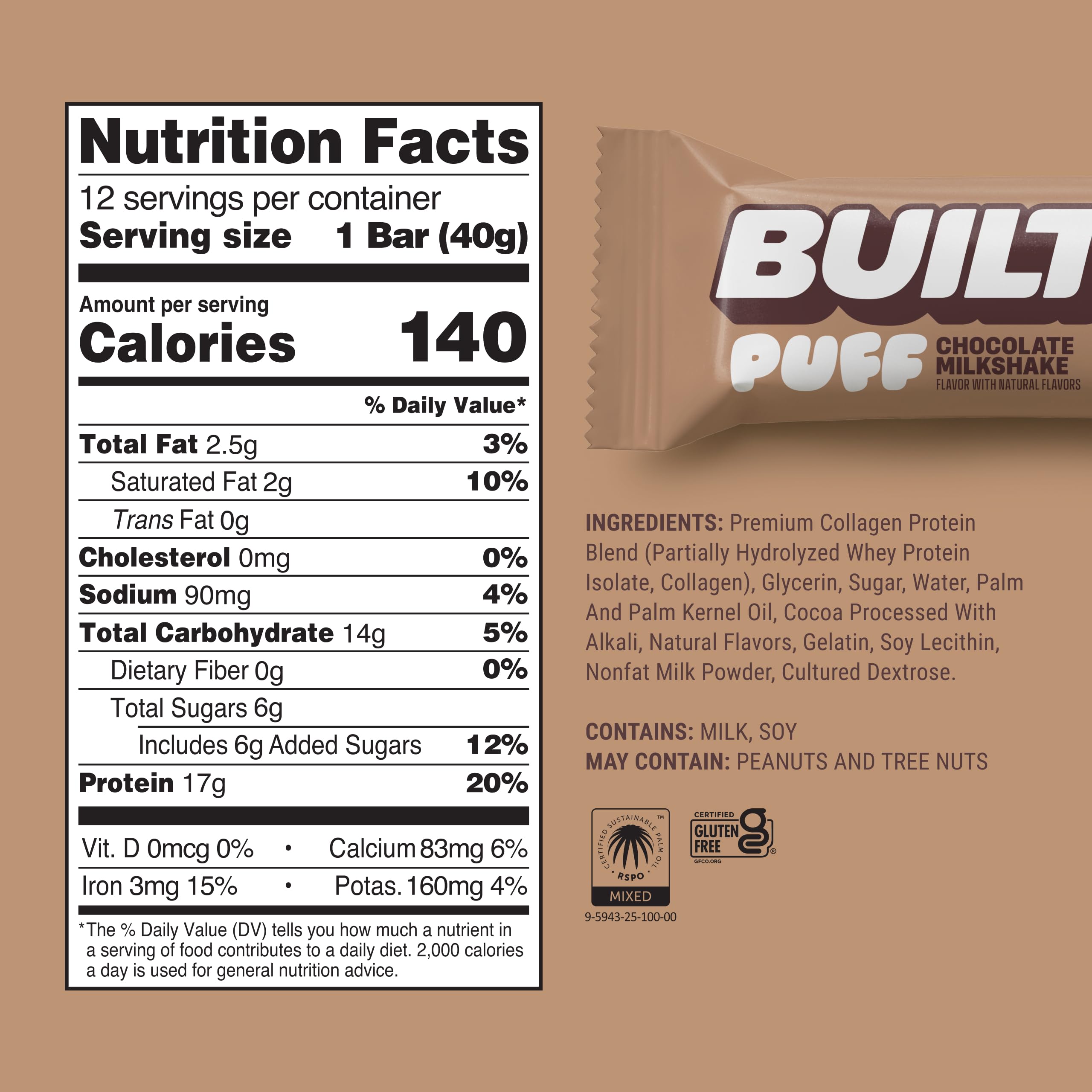 BUILT Bar Puff Protein Bars - Variety Pack - 15-17g Protein Snack Bars with Collagen - Calorie Conscious & Gluten Free - 12 Count, Variety May Vary | Protein Snack Bars with Collagen, Calorie Conscious, Gluten Free