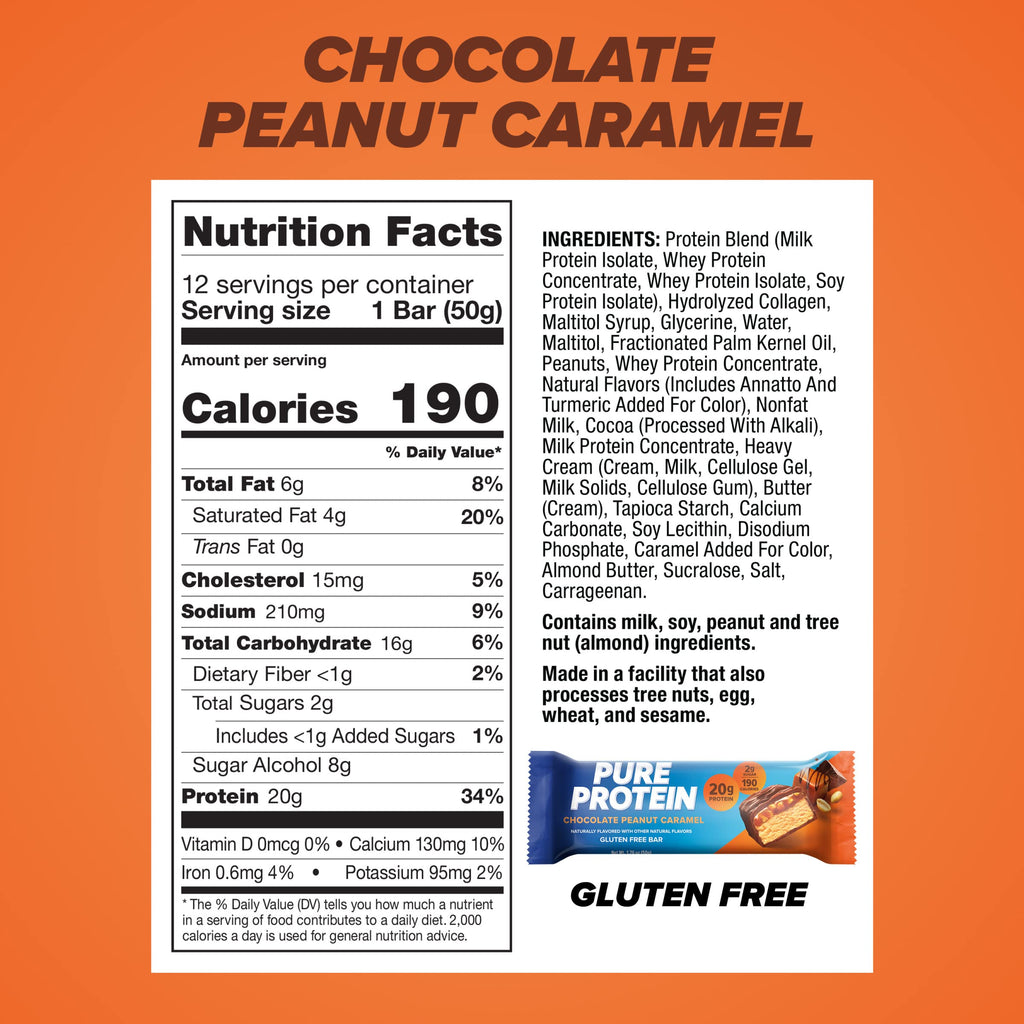 Pure Protein Chocolate Peanut Butter Protein Bars – 20g Protein, 3g Sugar, 190 Calories (12 count) Low Sugar* High Protein Snack - Gluten Free - Perfect for a Healthy Snack
