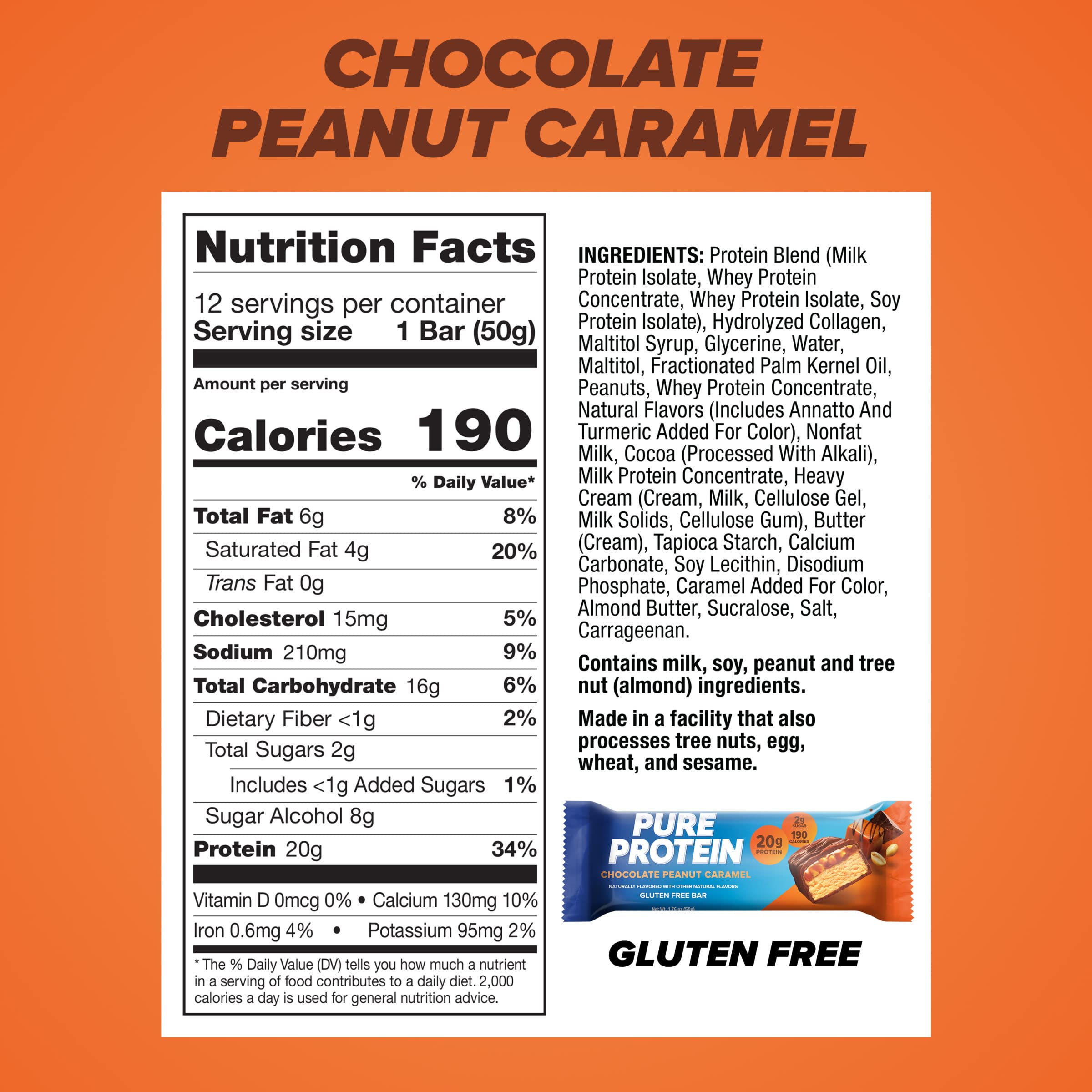 Pure Protein Chocolate Peanut Butter Protein Bars – 20g Protein, 3g Sugar, 190 Calories (12 count) Low Sugar* High Protein Snack - Gluten Free - Perfect for a Healthy Snack