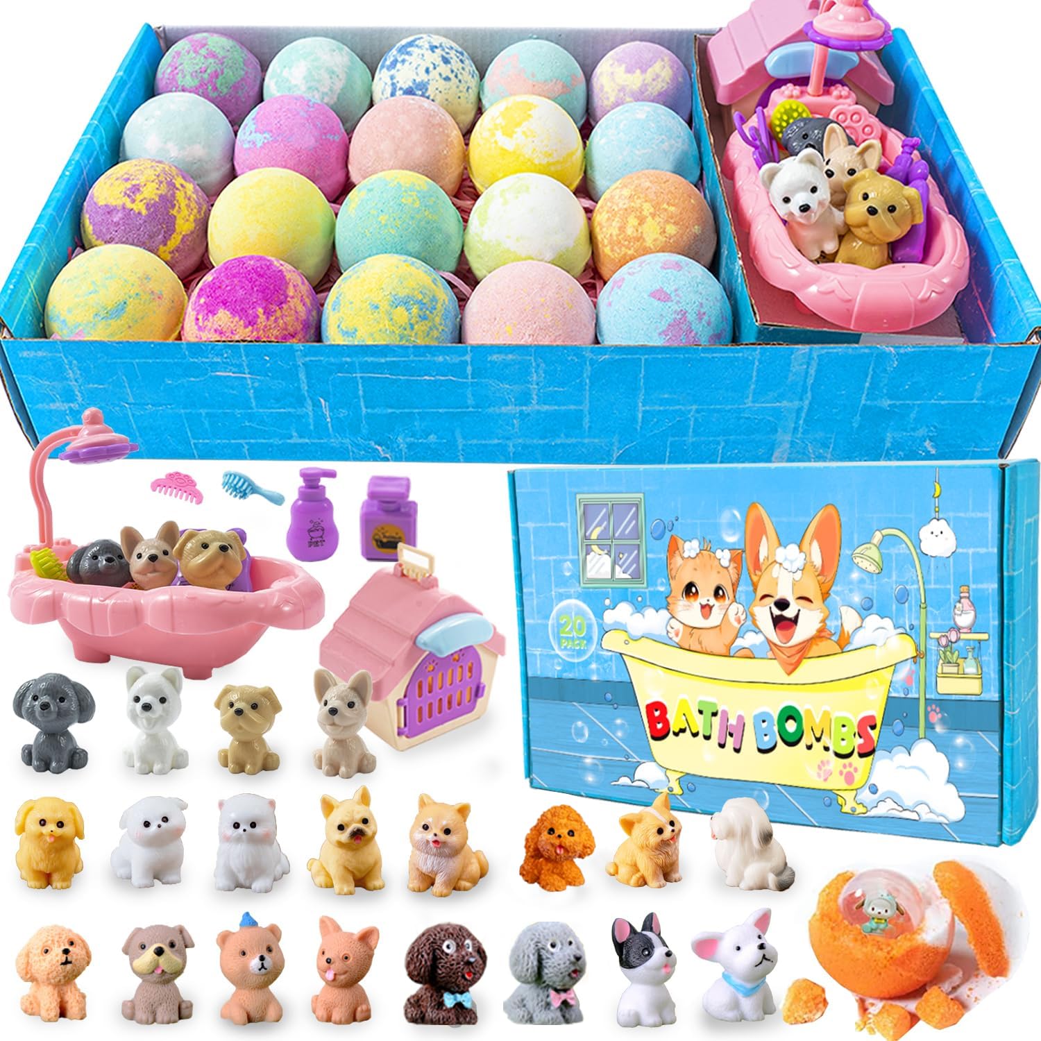Bath Bombs for Kids with Surprise Inside for Girls Boys Toddlers, 20 Pack Organic Kids Bath Bombs with Puppy Dolls Inside, Kids Safe Handmade Bubble Bath Fizzies, Ideal Birthday Christmas Gift Set