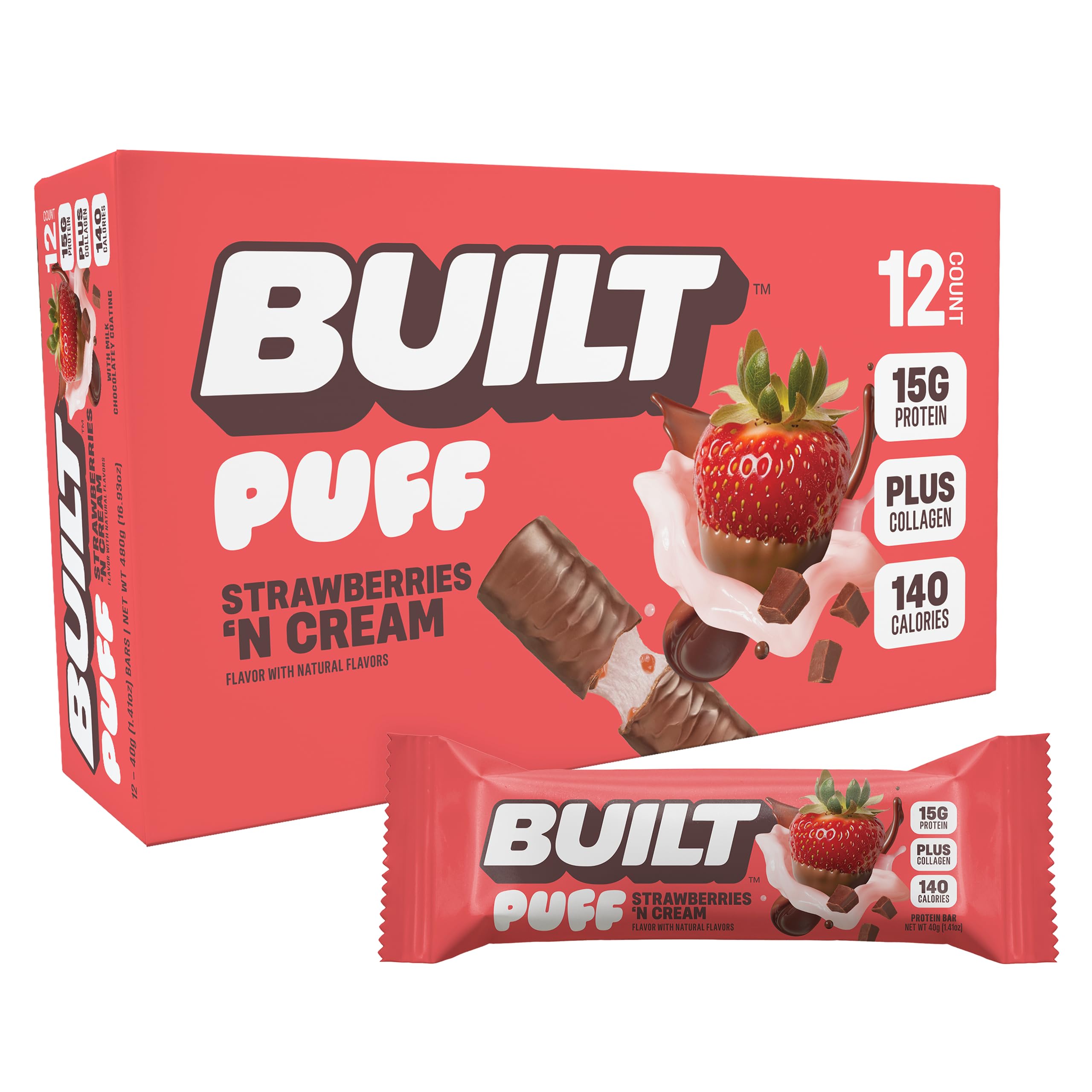 BUILT Bar Puff Protein Bars - Variety Pack - 15-17g Protein Snack Bars with Collagen - Calorie Conscious & Gluten Free - 12 Count, Variety May Vary | Protein Snack Bars with Collagen, Calorie Conscious, Gluten Free