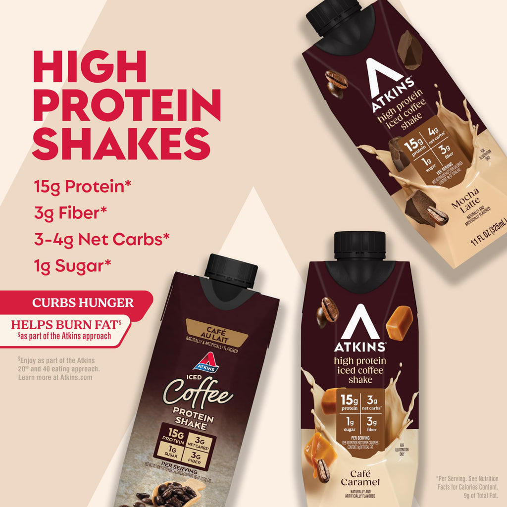 Atkins Mocha Latte Iced Coffee Flavored Protein Shake, High Protein, Low Glycemic, Low Carb and Low Sugar Shakes, Keto-Friendly, 12 Pack