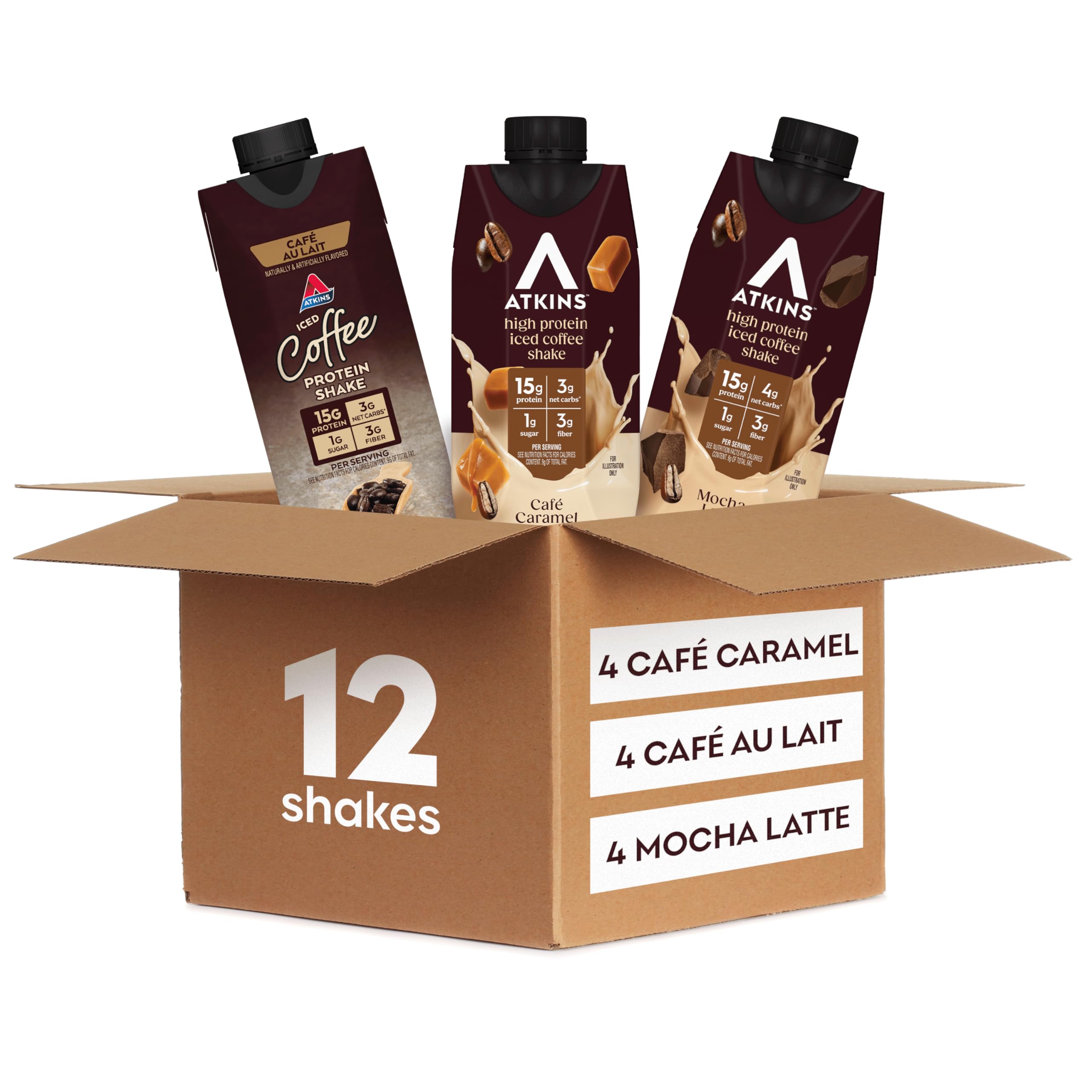 Atkins Mocha Latte Iced Coffee Flavored Protein Shake, High Protein, Low Glycemic, Low Carb and Low Sugar Shakes, Keto-Friendly, 12 Pack