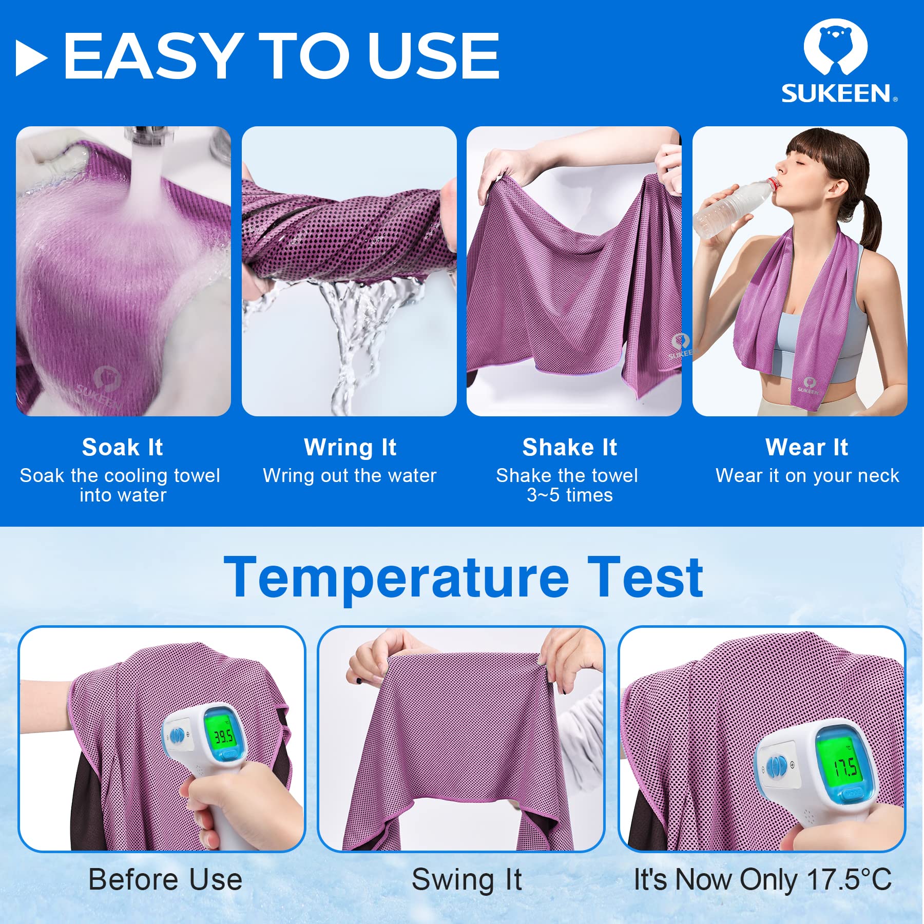 Sukeen 4 Pack Cooling Towels for Hot Weather 40"x12", Gym Towels for Men and Women, Soft Breathable Workout Towels for Yoga, Running, Sport, & More