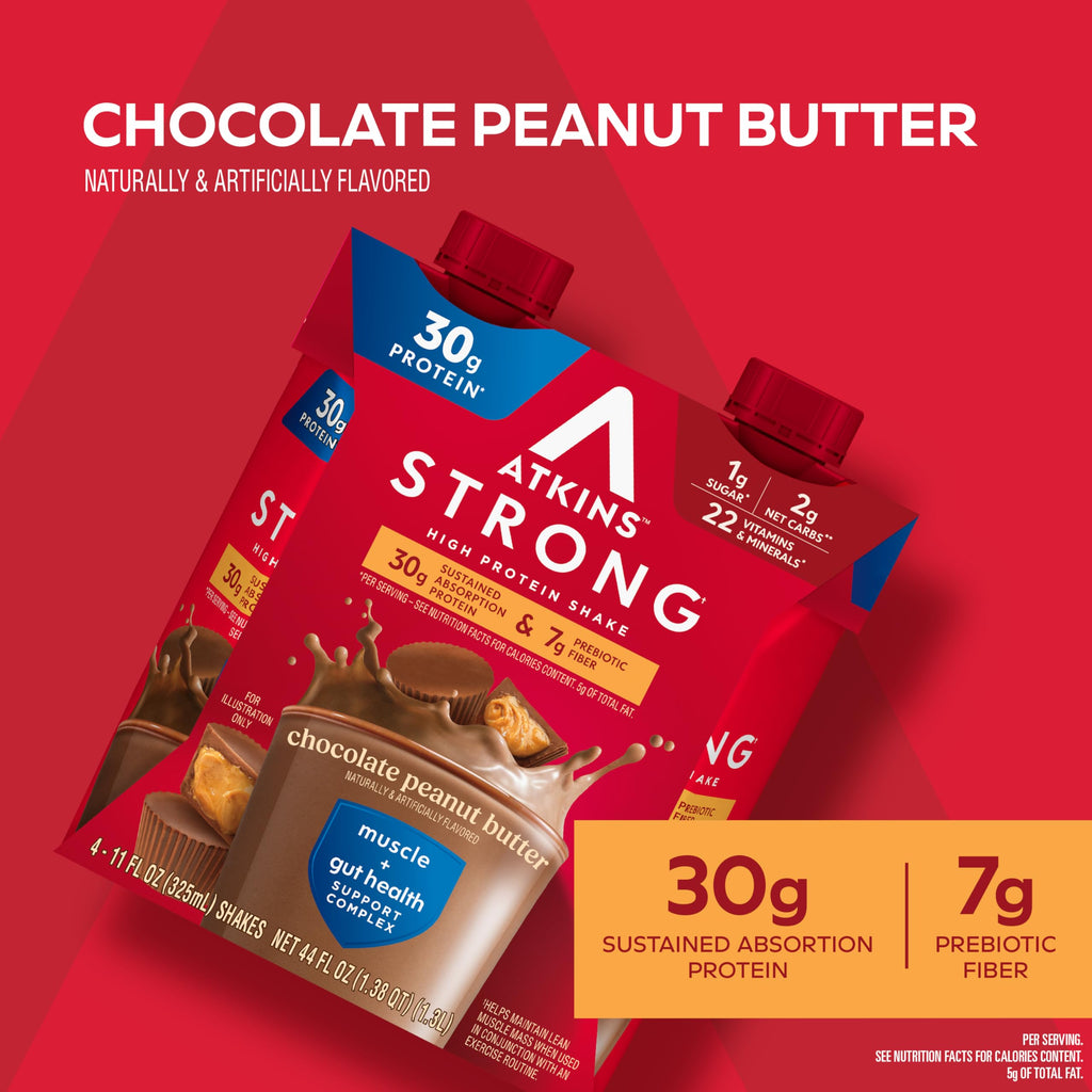 Atkins Strong High Protein Shake, Milk Chocolate, 30g Protein, 7g Prebiotic Fiber, 1g Sugar, GLP-1 Support, Muscle & Gut Health Support Complex, 12 Count