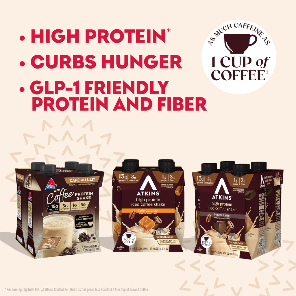 Atkins Mocha Latte Iced Coffee Flavored Protein Shake, High Protein, Low Glycemic, Low Carb and Low Sugar Shakes, Keto-Friendly, 12 Pack