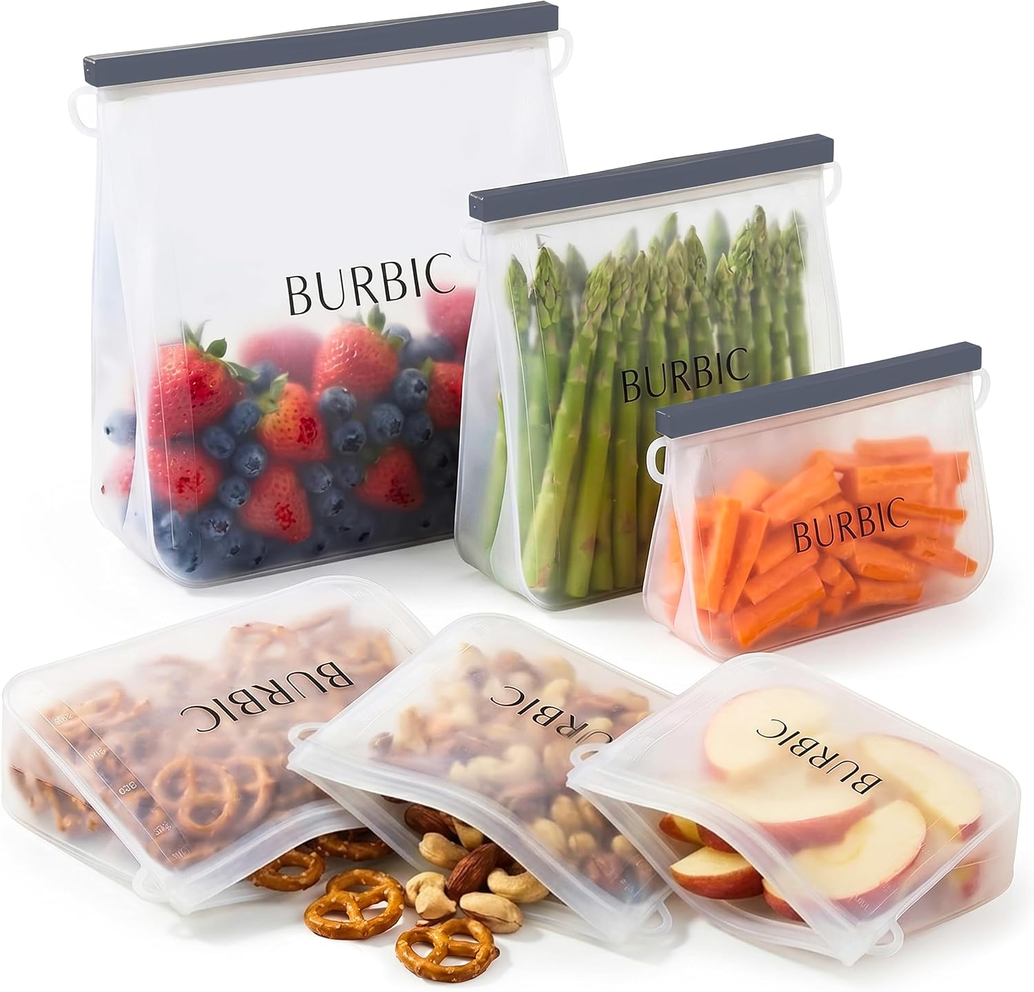 Reusable Silicone Bags for Food Storage - 6-Pack Multi-Size Reusable Ziploc Bags, Leakproof Silicone Freezer Bag for Meal Prep, Travel & Kitchen Organization, Modern Minimalist Design, Clear