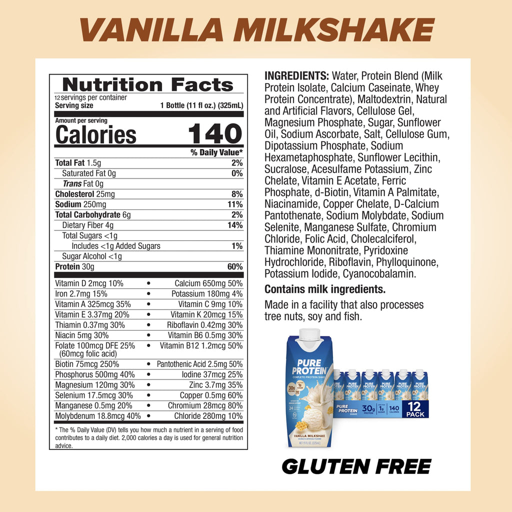 Pure Protein Chocolate Protein Shake, 30g Complete Protein, Ready to Drink and Keto-Friendly, Vitamins A, C, D, and E plus Zinc to Support Immune Health, 11oz Bottles, 12 Pack
