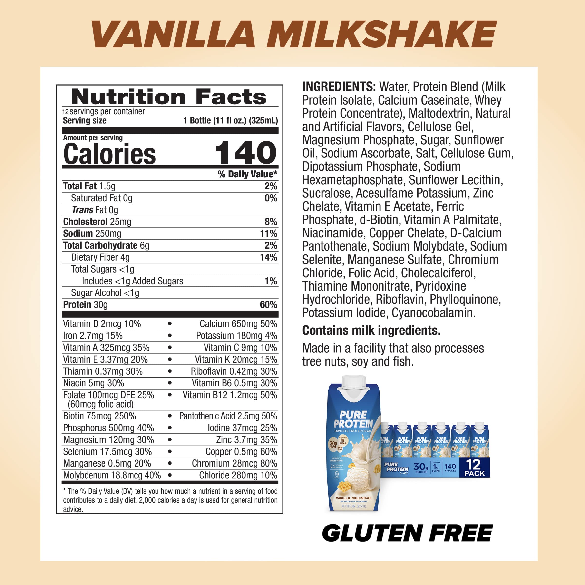 Pure Protein Chocolate Protein Shake, 30g Complete Protein, Ready to Drink and Keto-Friendly, Vitamins A, C, D, and E plus Zinc to Support Immune Health, 11oz Bottles, 12 Pack
