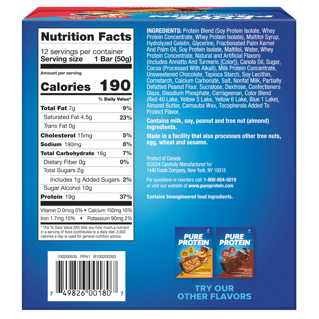 Pure Protein Chocolate Peanut Butter Protein Bars – 20g Protein, 3g Sugar, 190 Calories (12 count) Low Sugar* High Protein Snack - Gluten Free - Perfect for a Healthy Snack