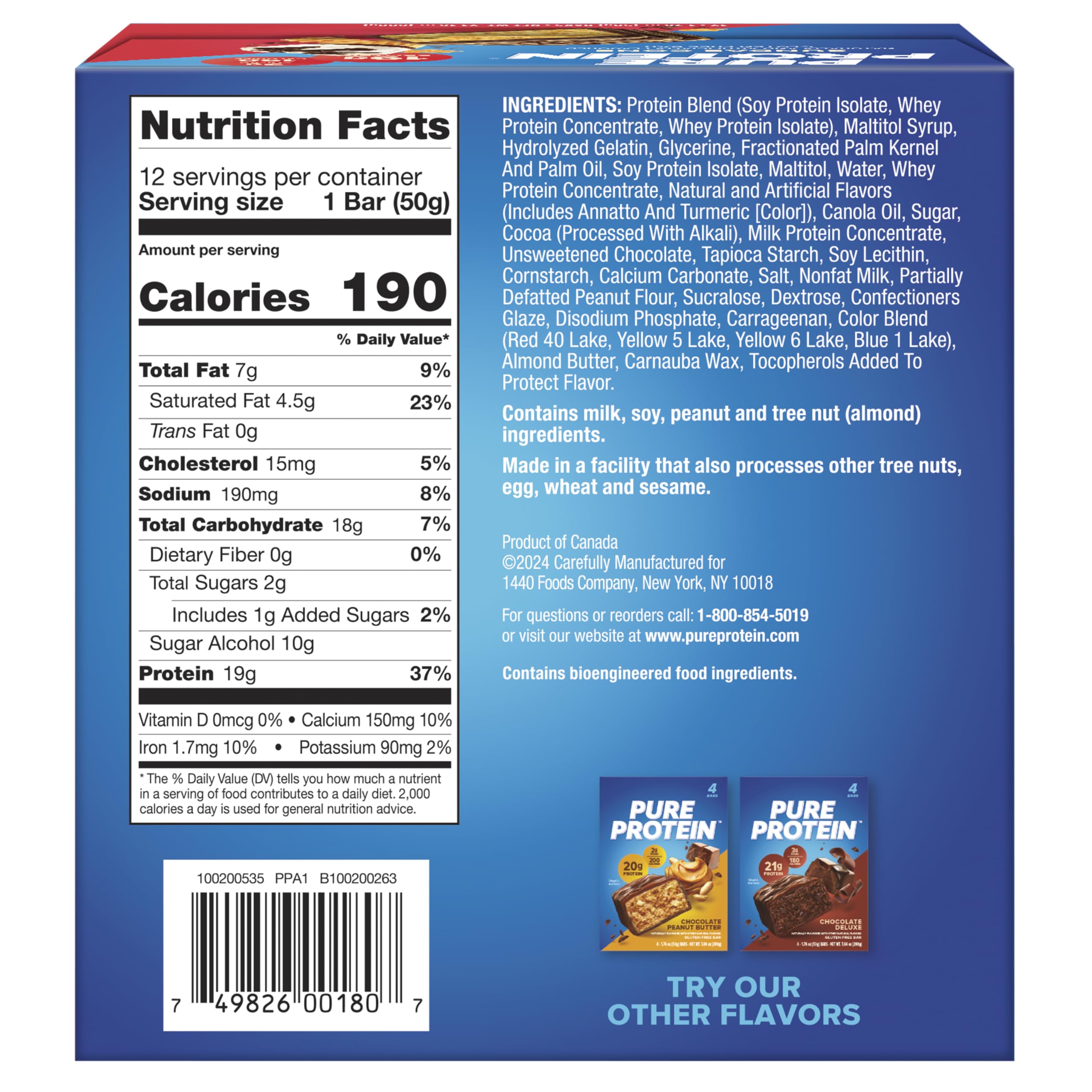 Pure Protein Chocolate Peanut Butter Protein Bars – 20g Protein, 3g Sugar, 190 Calories (12 count) Low Sugar* High Protein Snack - Gluten Free - Perfect for a Healthy Snack