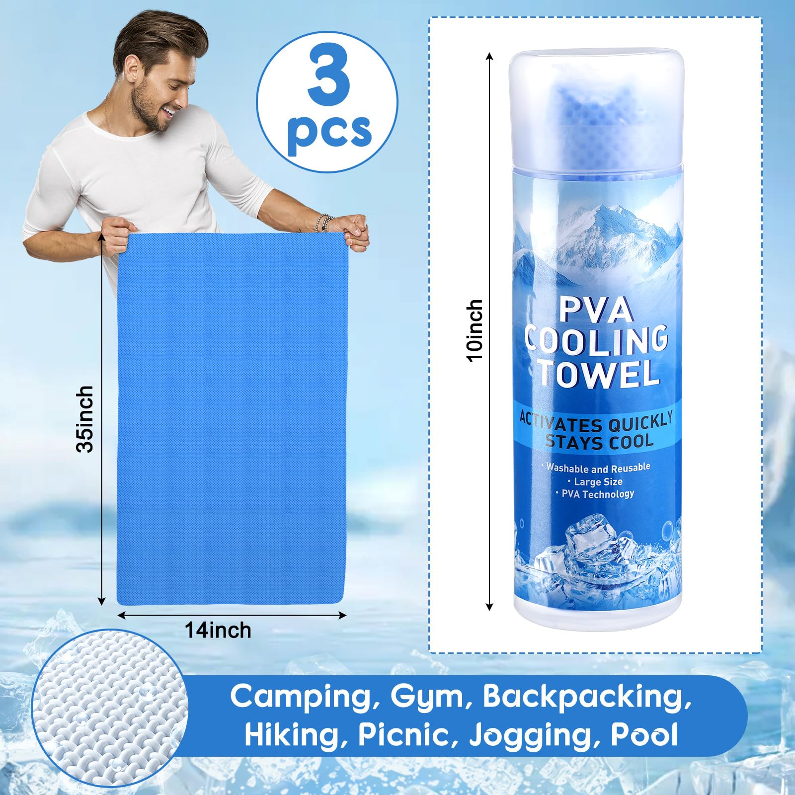 Peryiter 3 Packs PVA Cooling Towel Reusable Instant Cooling Neck Towel Breathable Soft Long Lasting Ice Sports Supplies for Running Hiking Swimming Golf (Dark Blue)