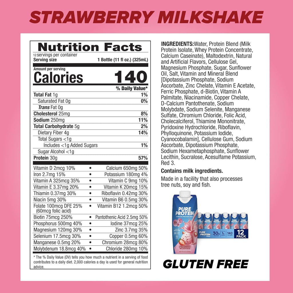 Pure Protein Chocolate Protein Shake, 30g Complete Protein, Ready to Drink and Keto-Friendly, Vitamins A, C, D, and E plus Zinc to Support Immune Health, 11oz Bottles, 12 Pack