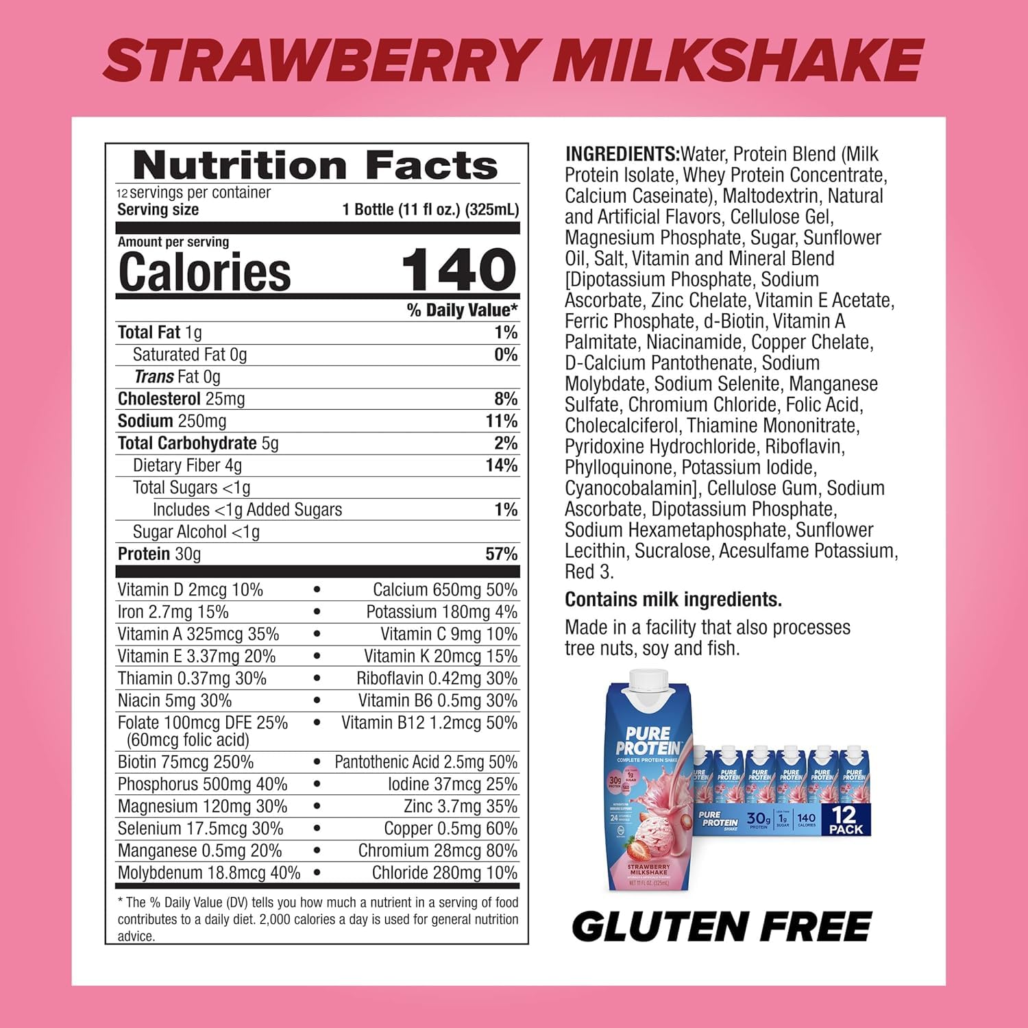 Pure Protein Chocolate Protein Shake, 30g Complete Protein, Ready to Drink and Keto-Friendly, Vitamins A, C, D, and E plus Zinc to Support Immune Health, 11oz Bottles, 12 Pack