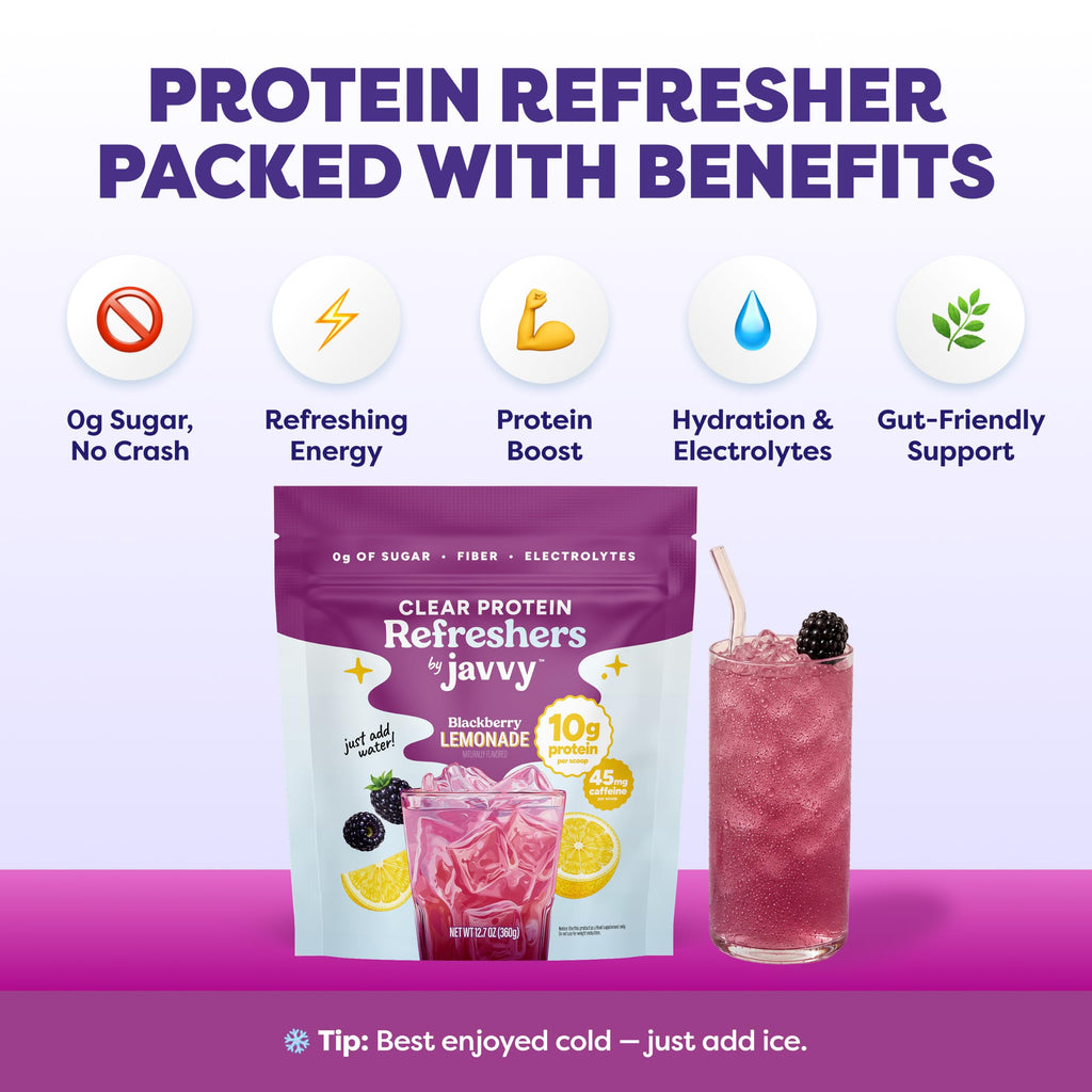 Javvy Clear Protein Refresher Drink Mix – 10g of Whey Protein and Collagen Peptides, Electrolytes Powder, Natural Flavors, 0g of Sugar, 45mg Caffeine, 20 Servings, Strawberry Berry Acai