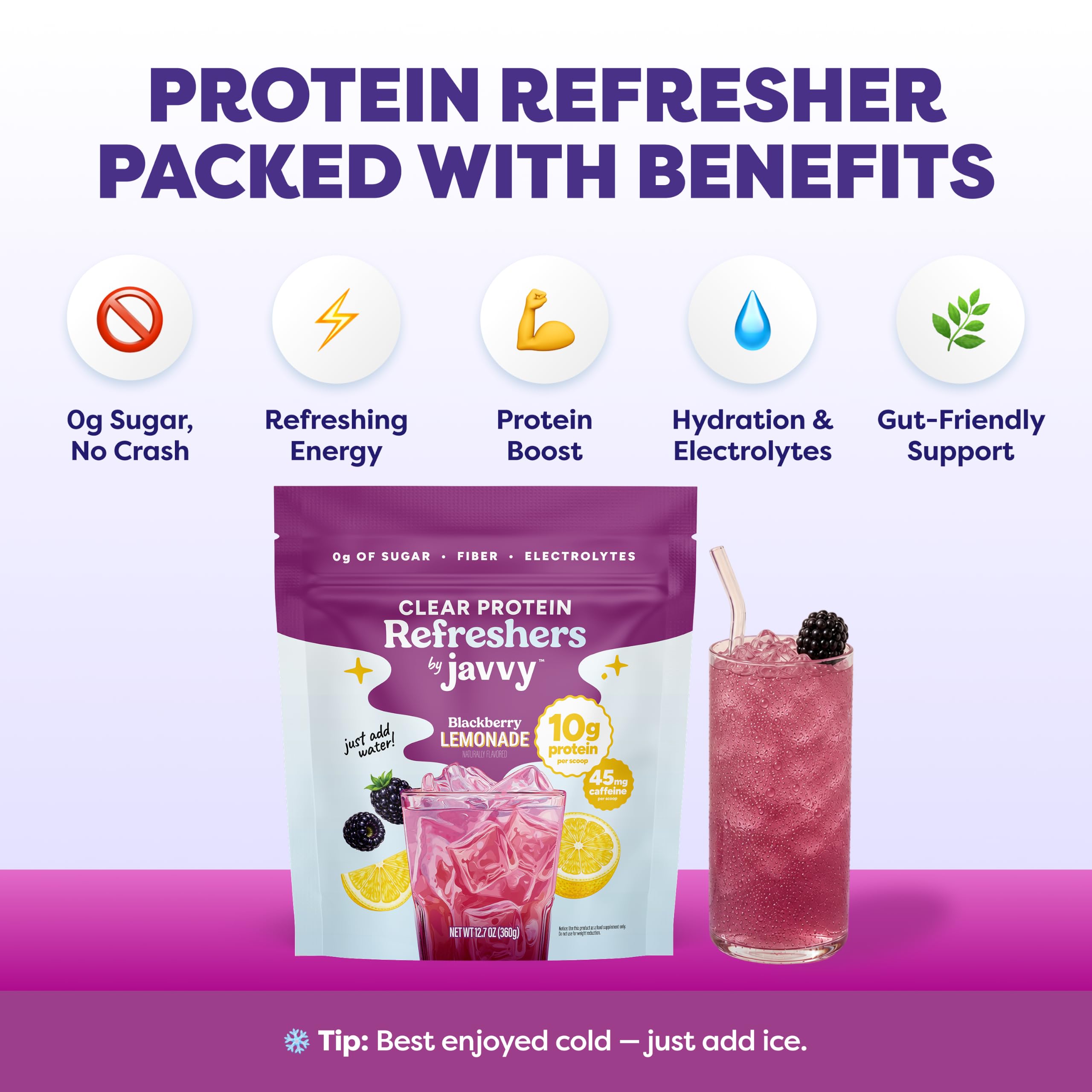 Javvy Clear Protein Refresher Drink Mix – 10g of Whey Protein and Collagen Peptides, Electrolytes Powder, Natural Flavors, 0g of Sugar, 45mg Caffeine, 20 Servings, Strawberry Berry Acai