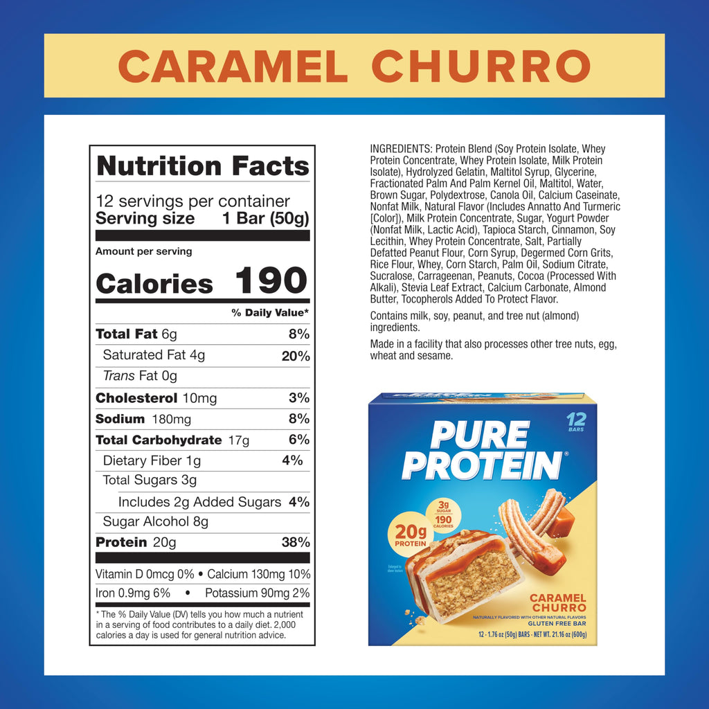 Pure Protein Chocolate Peanut Butter Protein Bars – 20g Protein, 3g Sugar, 190 Calories (12 count) Low Sugar* High Protein Snack - Gluten Free - Perfect for a Healthy Snack