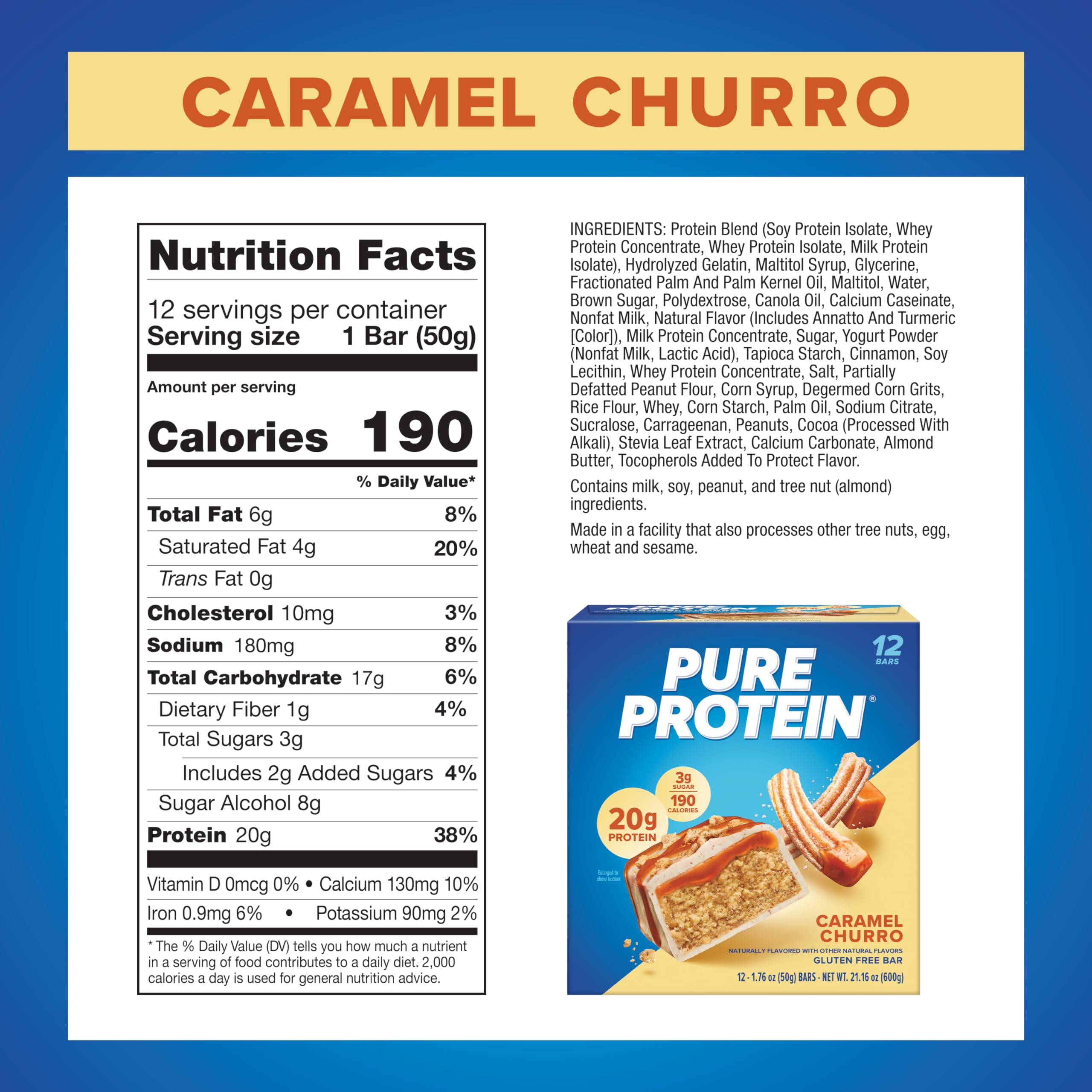 Pure Protein Chocolate Peanut Butter Protein Bars – 20g Protein, 3g Sugar, 190 Calories (12 count) Low Sugar* High Protein Snack - Gluten Free - Perfect for a Healthy Snack
