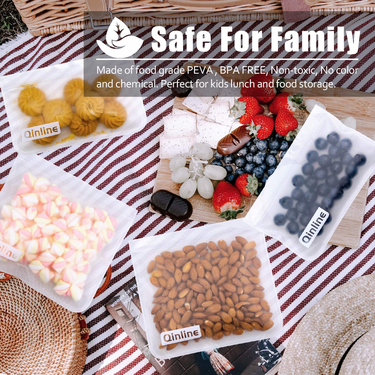 Qinline Reusable Food Storage Bags - 10 Pack Freezer Bags, Reusable Bags Silicone, Extra Thick Leakproof Reusable Lunch Bag for Salad Fruit Snack Travel - 2 Gallon 4 Sandwich 4 Snack Bags