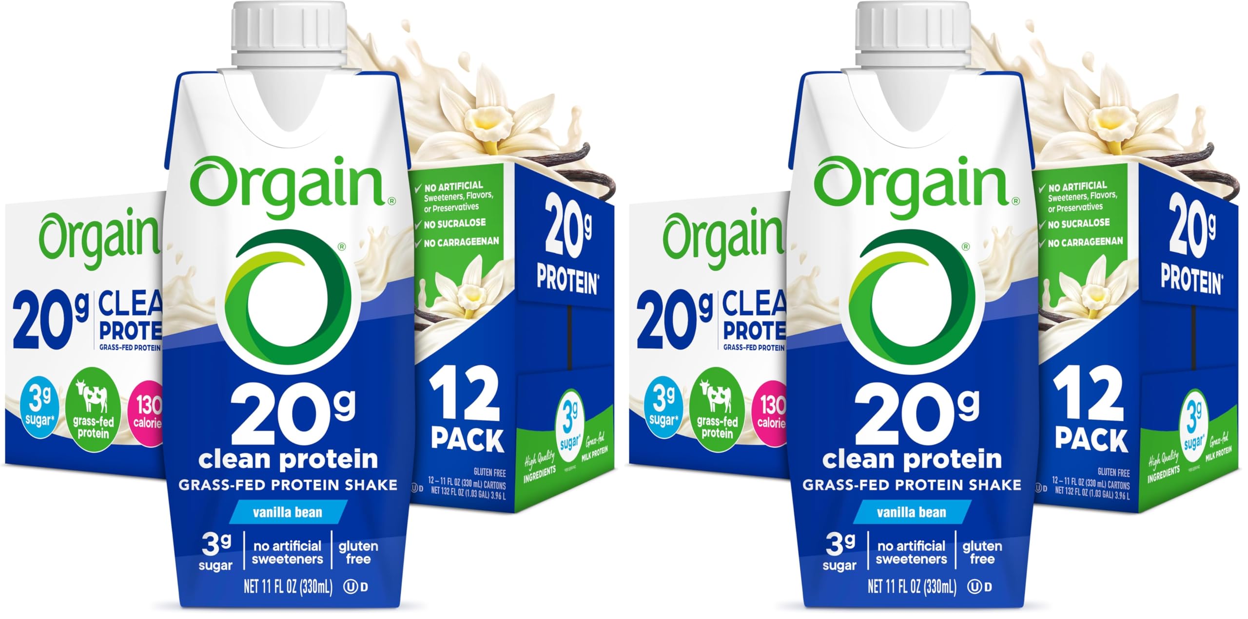 Orgain Clean Protein Shake, Grass Fed Dairy, Vanilla Bean - 20g Whey High Protein, Kosher, Ready to Drink, Low Net Carbs, Gluten Free, No Soy Ingredients, 11 Fl Oz (Pack of 12)