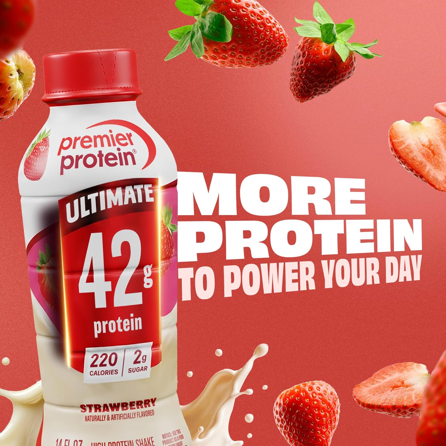 Premier Protein ULTIMATE High Protein Shake, 42g Protein, 2g Sugar, Strawberry, 14 fl oz (12 Pack)