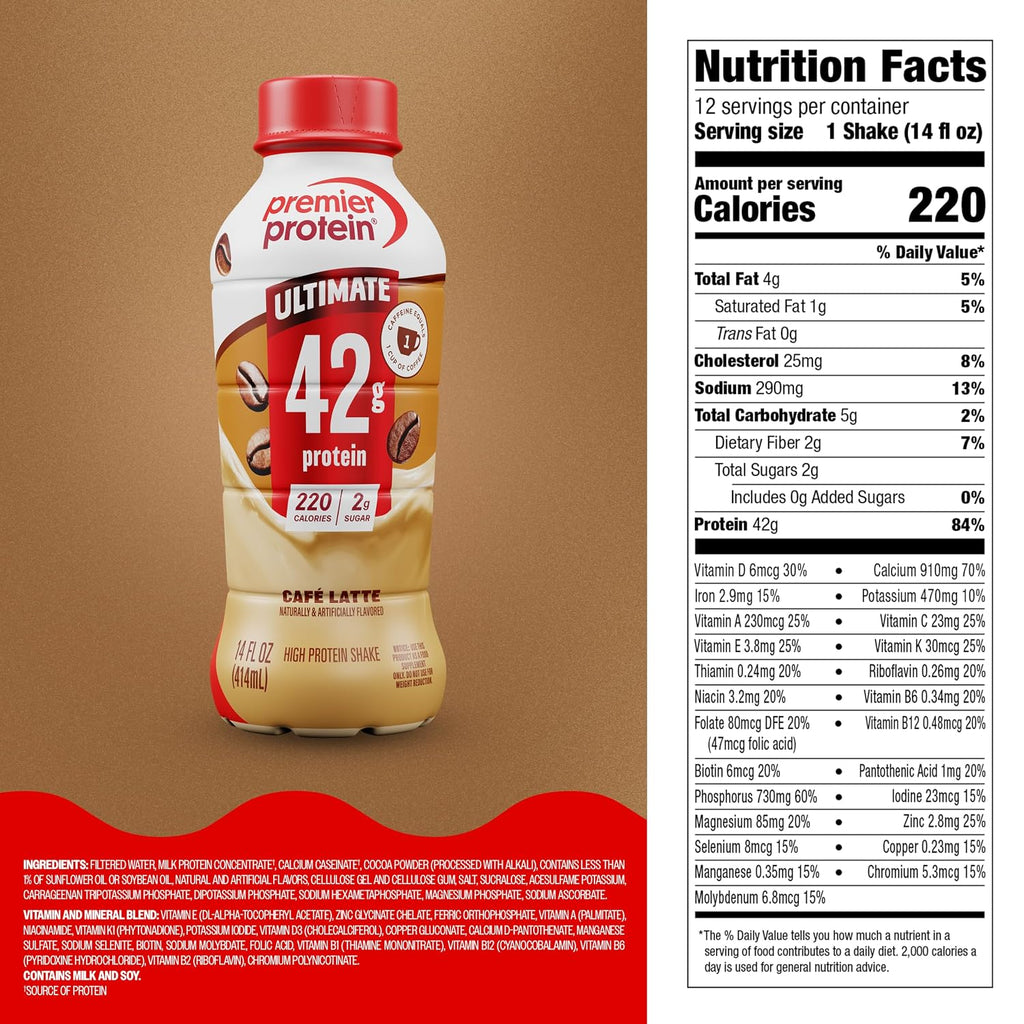 Premier Protein ULTIMATE High Protein Shake, 42g Protein, 2g Sugar, Café Latte, 14 fl oz (12 Pack)