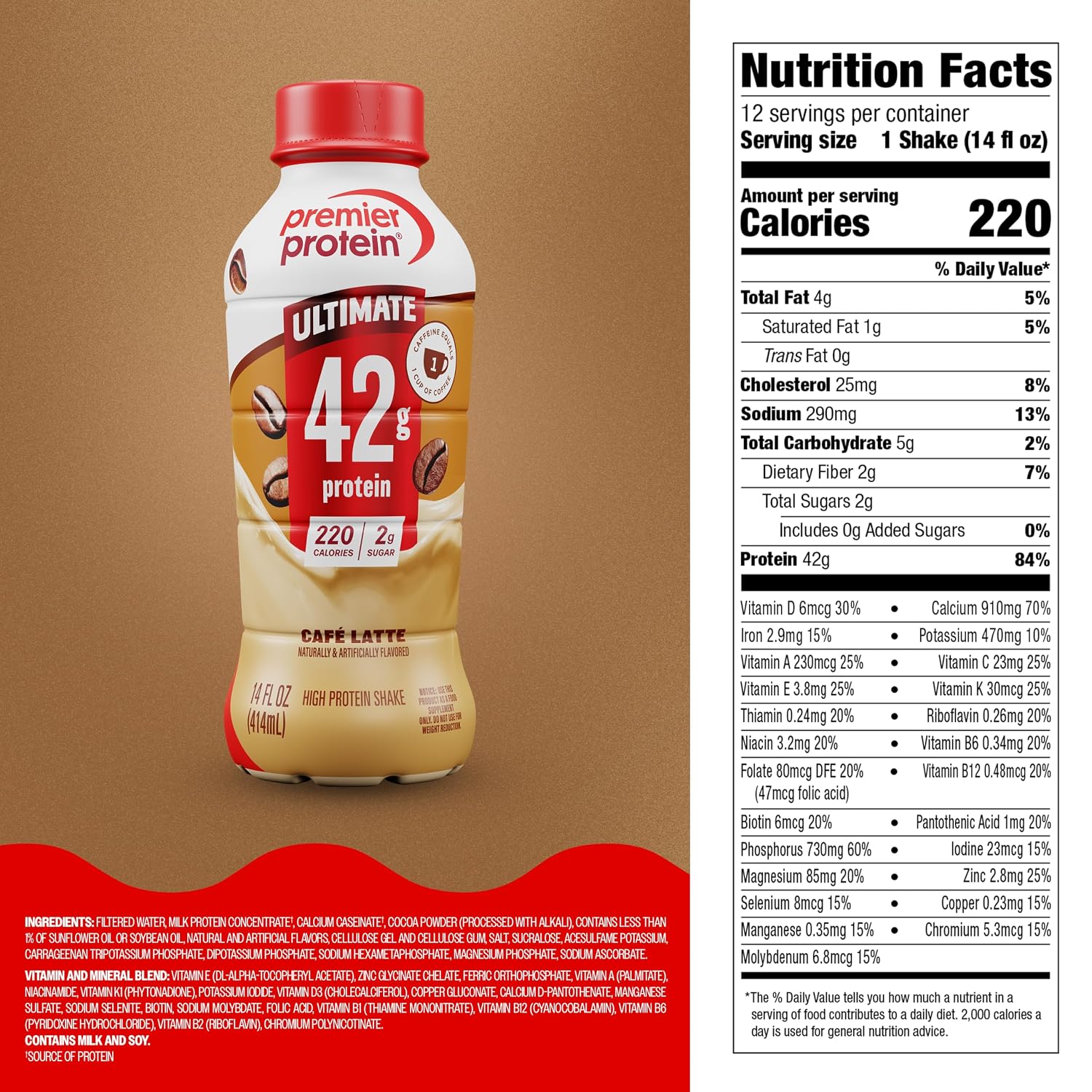 Premier Protein ULTIMATE High Protein Shake, 42g Protein, 2g Sugar, Café Latte, 14 fl oz (12 Pack)