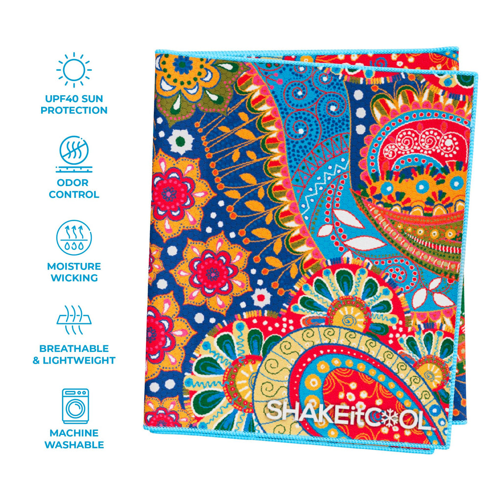 SHAKEitCOOL Extended Size Cooling Towel – Be Cool in Style - Heat Relief, Soft, Lightweight, Sun Protection, Easy Clean - Perfect for Biking, Hiking, Running, Yoga, Golf - Blue Purple Wave M