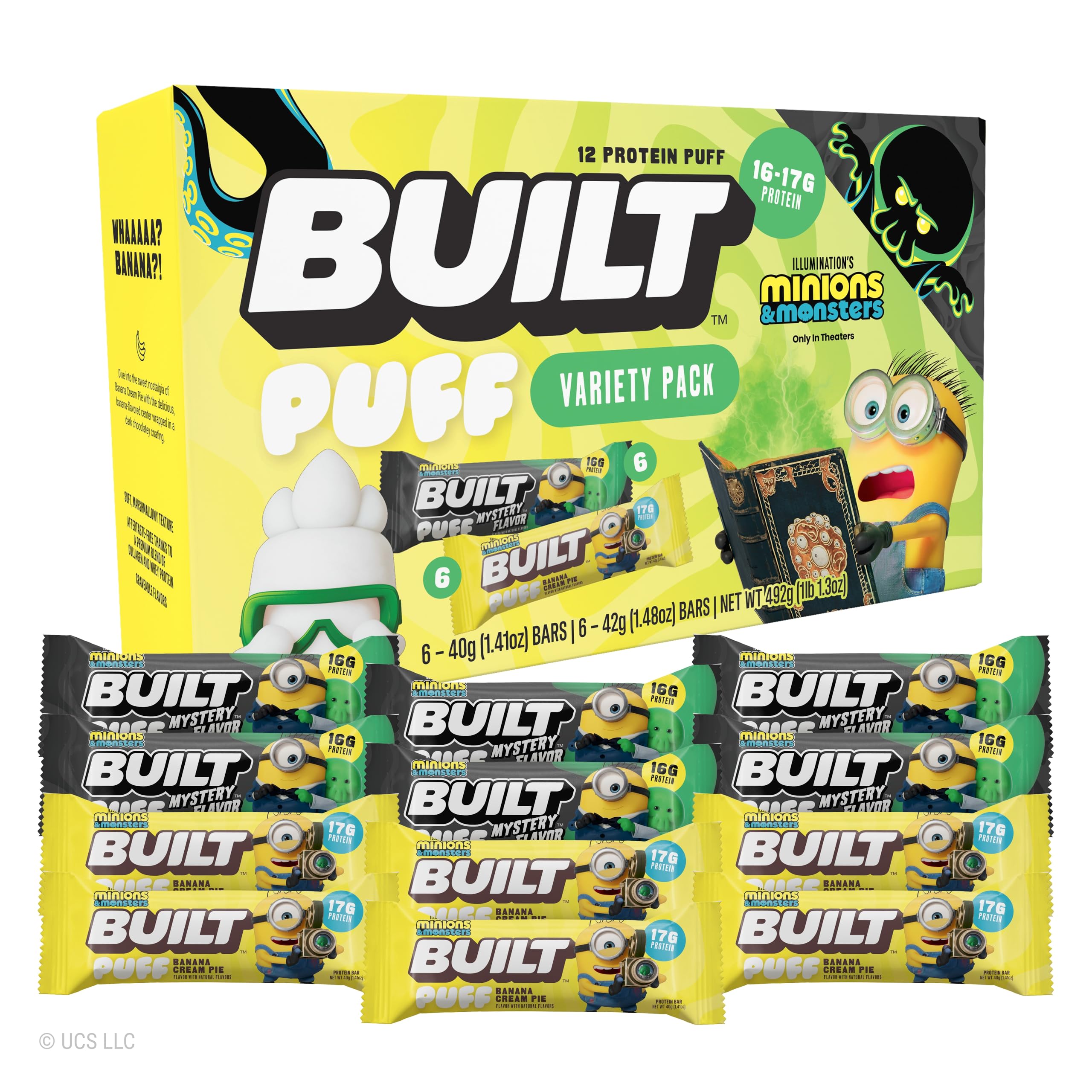 BUILT Bar Puff Protein Bars - Variety Pack - 15-17g Protein Snack Bars with Collagen - Calorie Conscious & Gluten Free - 12 Count, Variety May Vary | Protein Snack Bars with Collagen, Calorie Conscious, Gluten Free