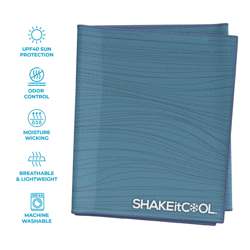 SHAKEitCOOL Extended Size Cooling Towel – Be Cool in Style - Heat Relief, Soft, Lightweight, Sun Protection, Easy Clean - Perfect for Biking, Hiking, Running, Yoga, Golf - Blue Purple Wave M