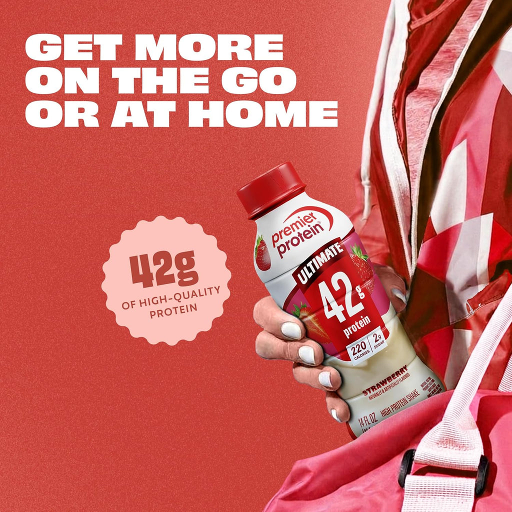 Premier Protein ULTIMATE High Protein Shake, 42g Protein, 2g Sugar, Strawberry, 14 fl oz (12 Pack)