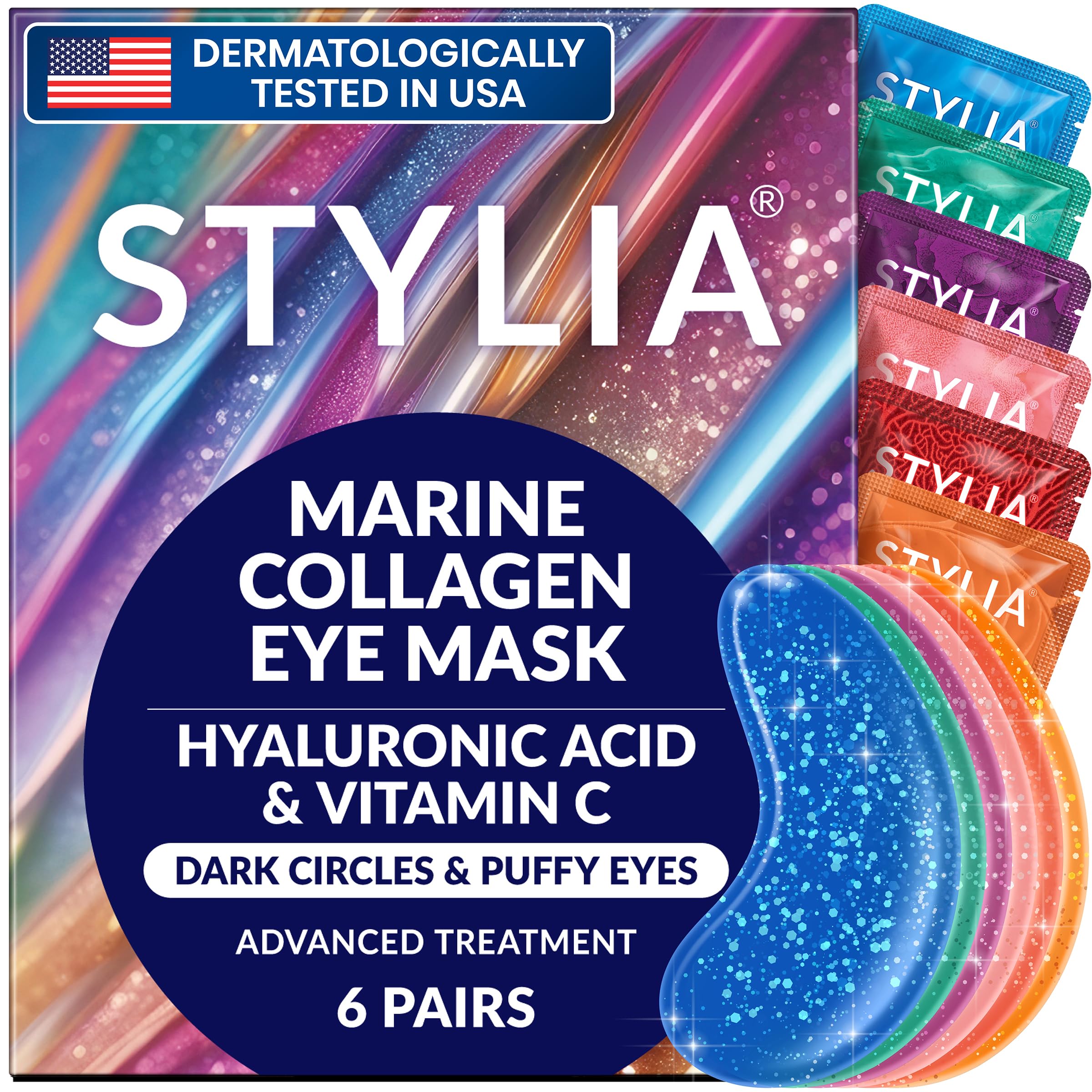 Stylia Collagen & Vitamin C Under Eye Patches for Puffy Eyes & Dark Circles - Depuffing, Hydrating & Firming Under Eye Mask with Hyaluronic Acid - Stocking Stuffers for Teen Girls, Vegan (30 Pairs)