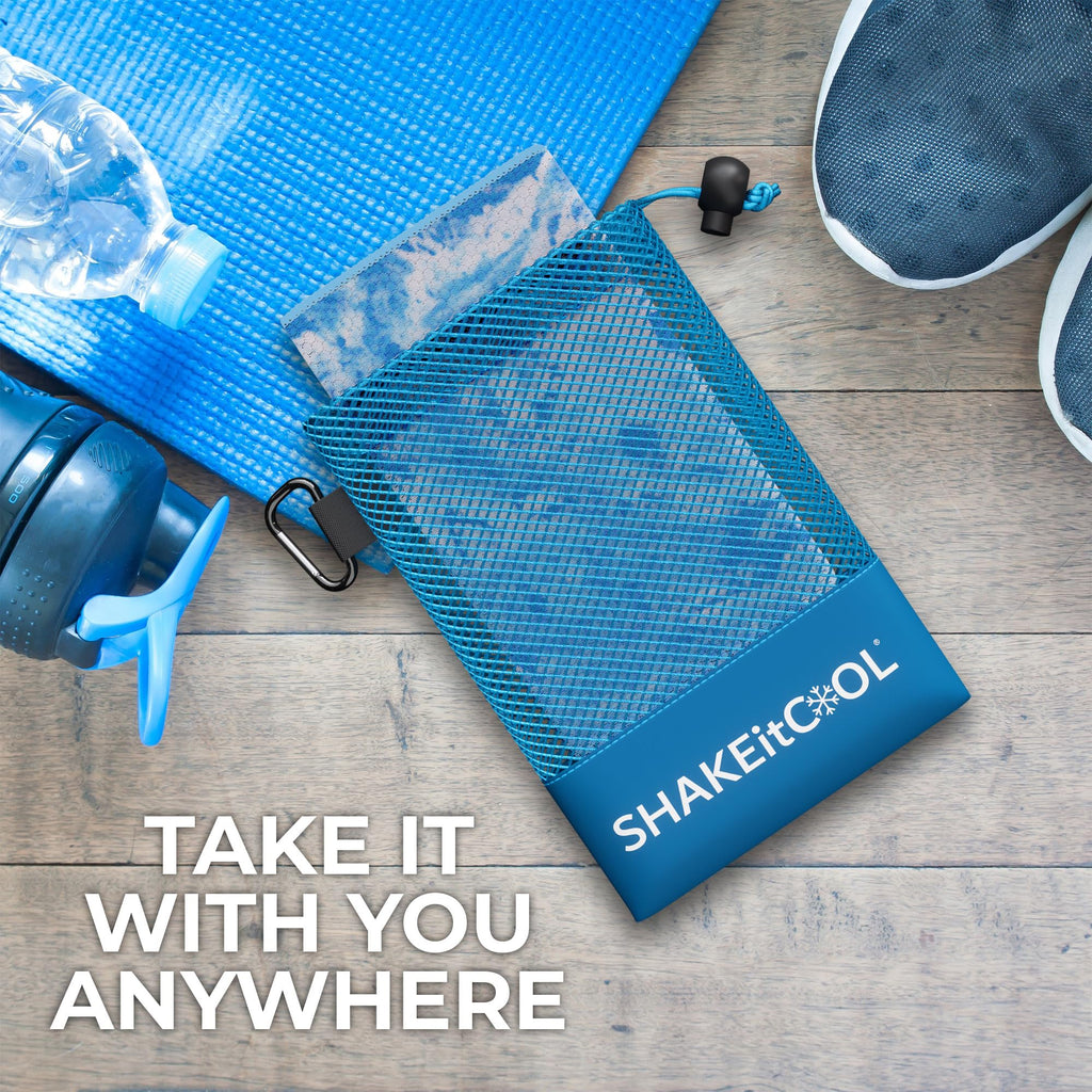 SHAKEitCOOL Extended Size Cooling Towel – Be Cool in Style - Heat Relief, Soft, Lightweight, Sun Protection, Easy Clean - Perfect for Biking, Hiking, Running, Yoga, Golf - Blue Purple Wave M