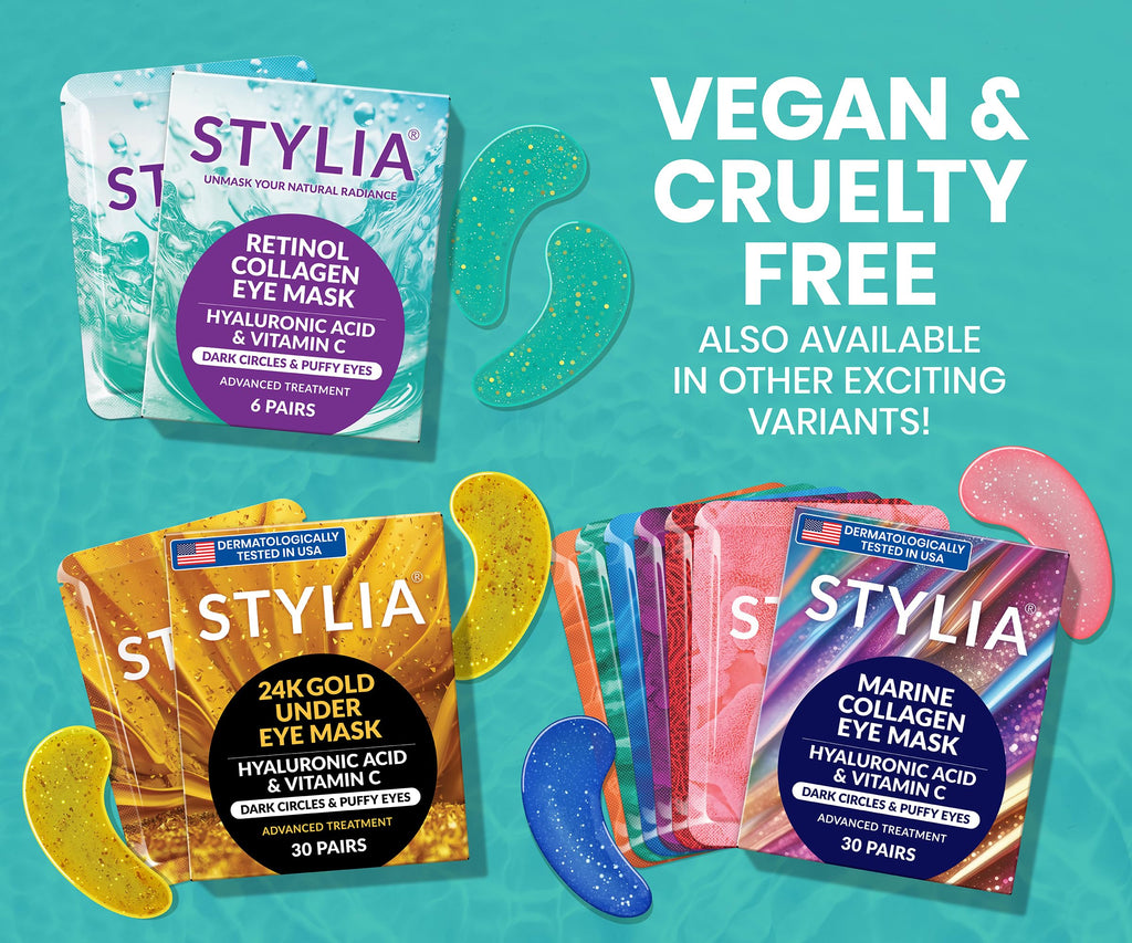 Stylia Collagen & Vitamin C Under Eye Patches for Puffy Eyes & Dark Circles - Depuffing, Hydrating & Firming Under Eye Mask with Hyaluronic Acid - Stocking Stuffers for Teen Girls, Vegan (30 Pairs)