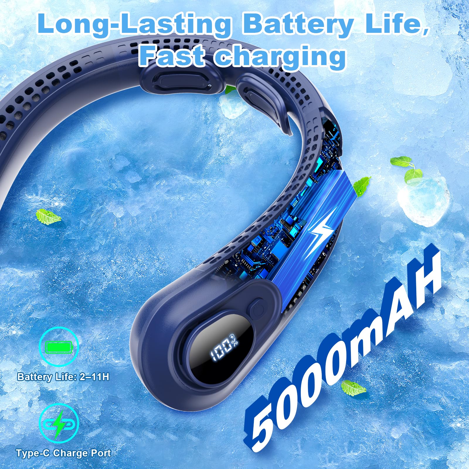 Portable Neck Fan Rechargeable - [with LED Display] 5 Speeds, 5000 mAh Battery Operated Wearable Personal Cooling Bladeless Fan for Outdoor Travel, Gifts for Men Women Kids,Gray
