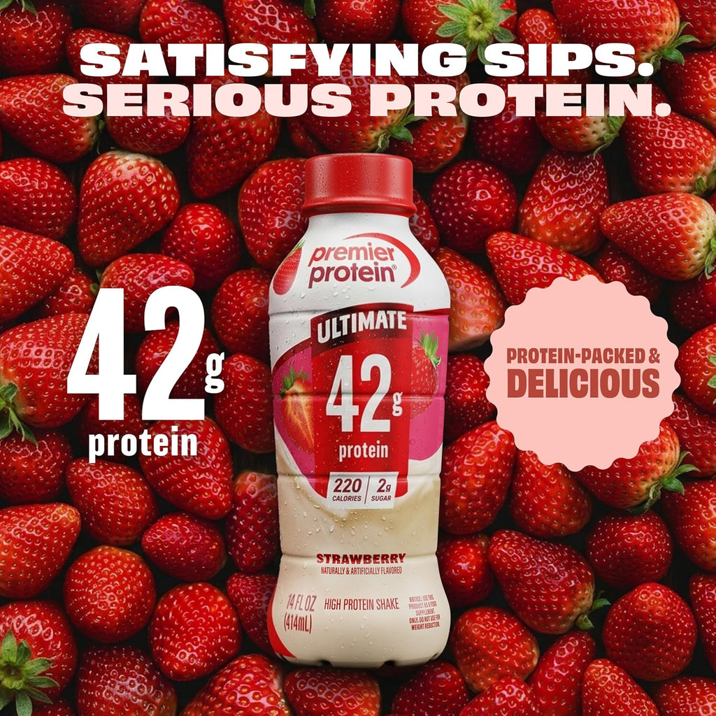 Premier Protein ULTIMATE High Protein Shake, 42g Protein, 2g Sugar, Strawberry, 14 fl oz (12 Pack)