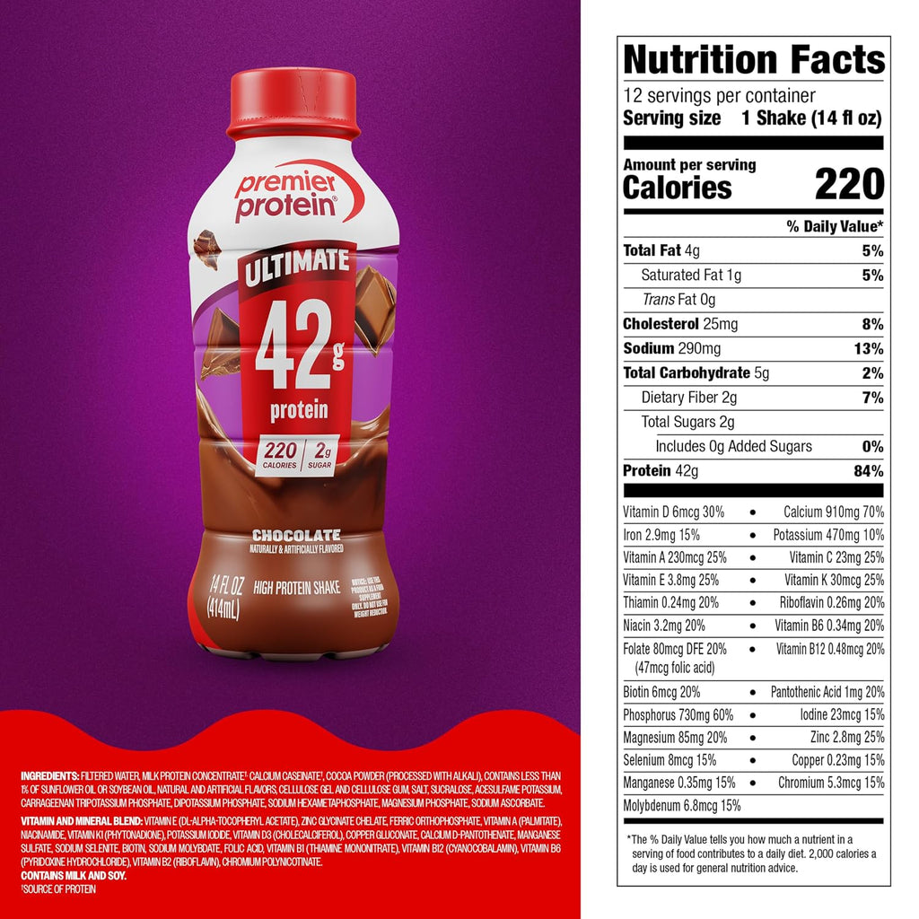 Premier Protein ULTIMATE High Protein Shake, 42g Protein, 2g Sugar, Chocolate, 14 fl oz (12 Pack)