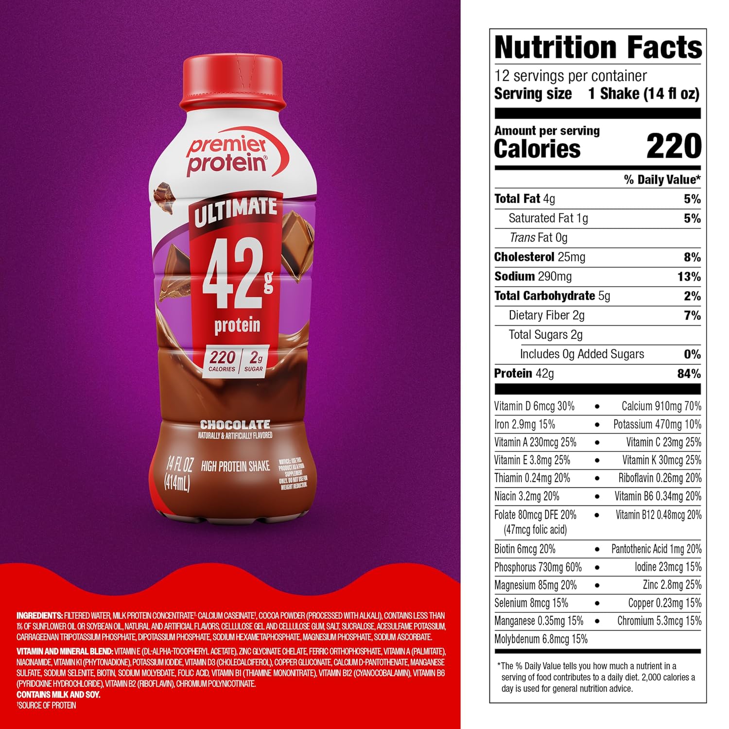 Premier Protein ULTIMATE High Protein Shake, 42g Protein, 2g Sugar, Chocolate, 14 fl oz (12 Pack)