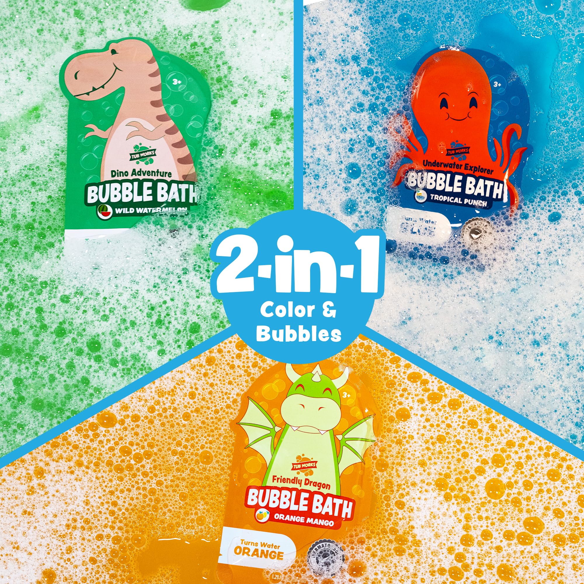 Tub Works® Magical Kids Bubble Bath, Variety 12 Pack | Creates Colorful Water & Tons of Foam Bath Bubbles | Nontoxic | Character-Themed Bubble Bath for Kids | Pink, Purple & Teal Bath Colors