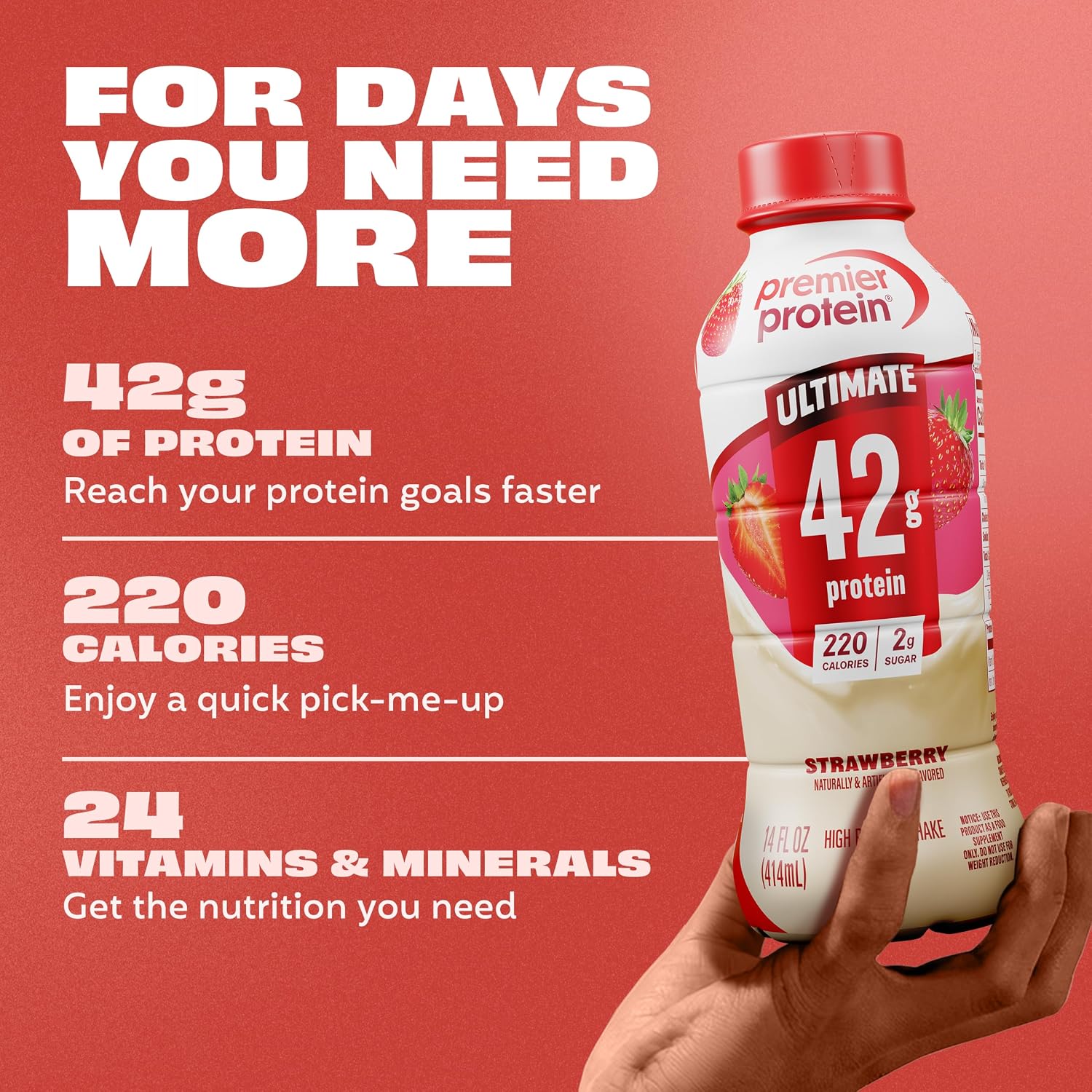 Premier Protein ULTIMATE High Protein Shake, 42g Protein, 2g Sugar, Strawberry, 14 fl oz (12 Pack)