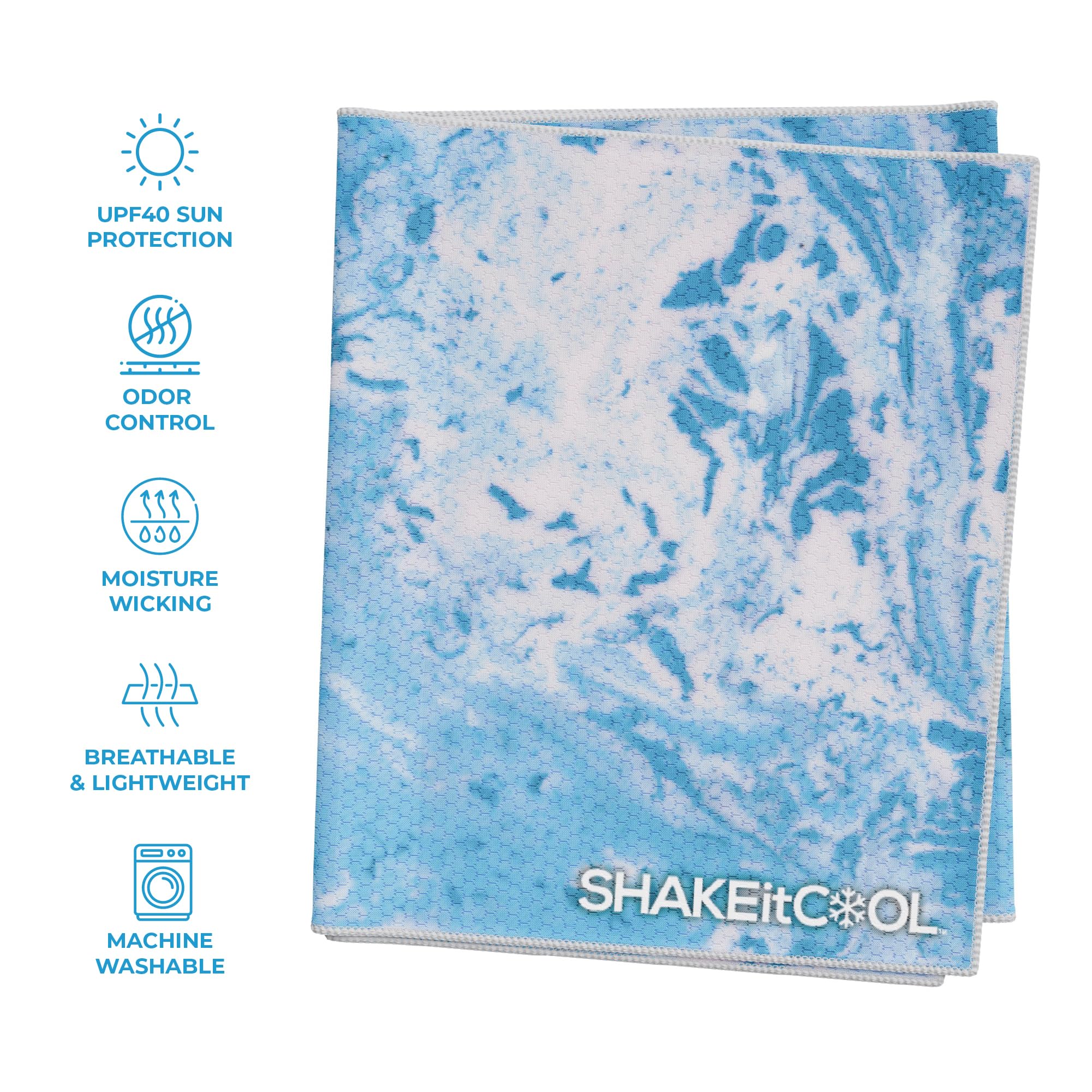 SHAKEitCOOL Extended Size Cooling Towel – Be Cool in Style - Heat Relief, Soft, Lightweight, Sun Protection, Easy Clean - Perfect for Biking, Hiking, Running, Yoga, Golf - Blue Purple Wave M