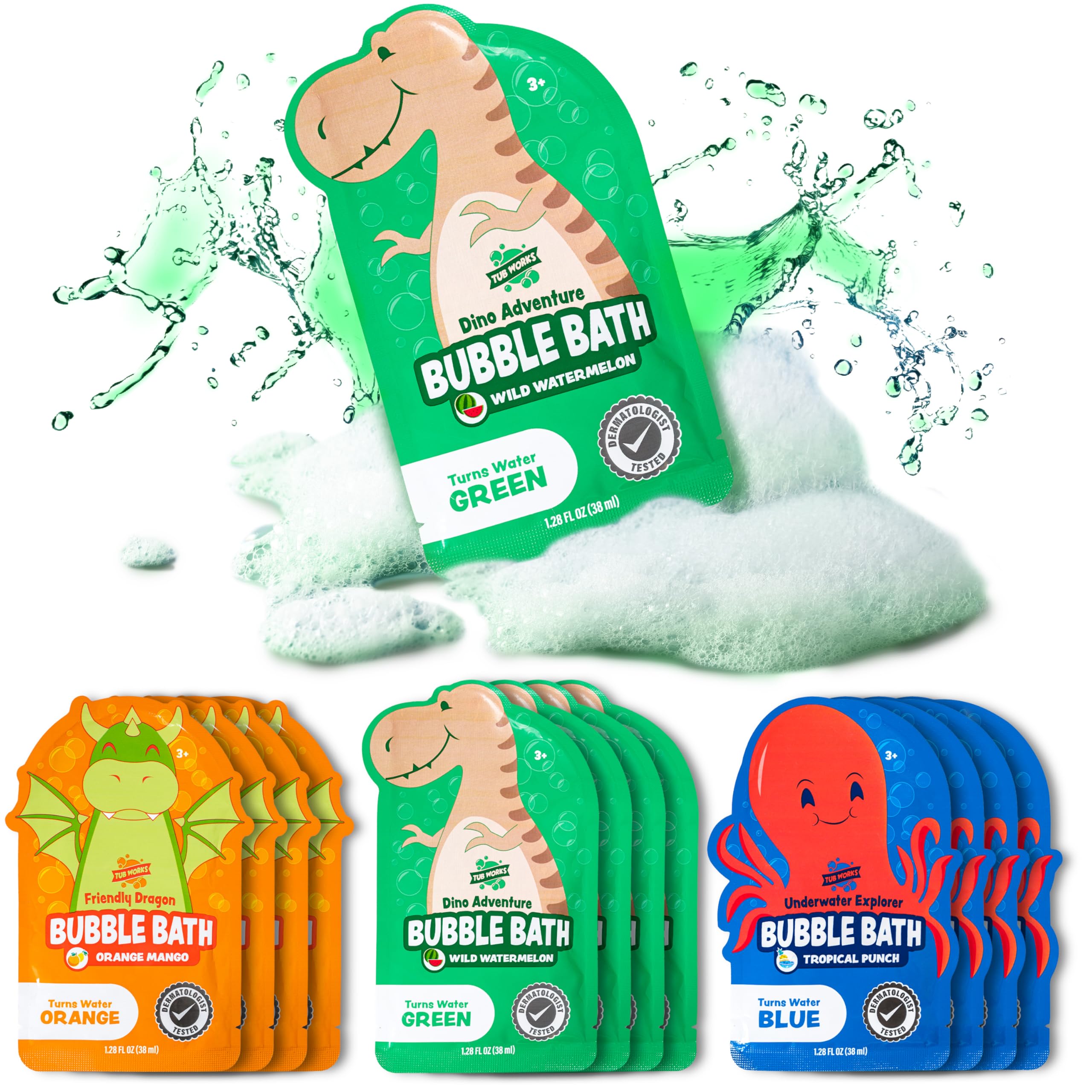 Tub Works® Magical Kids Bubble Bath, Variety 12 Pack | Creates Colorful Water & Tons of Foam Bath Bubbles | Nontoxic | Character-Themed Bubble Bath for Kids | Pink, Purple & Teal Bath Colors