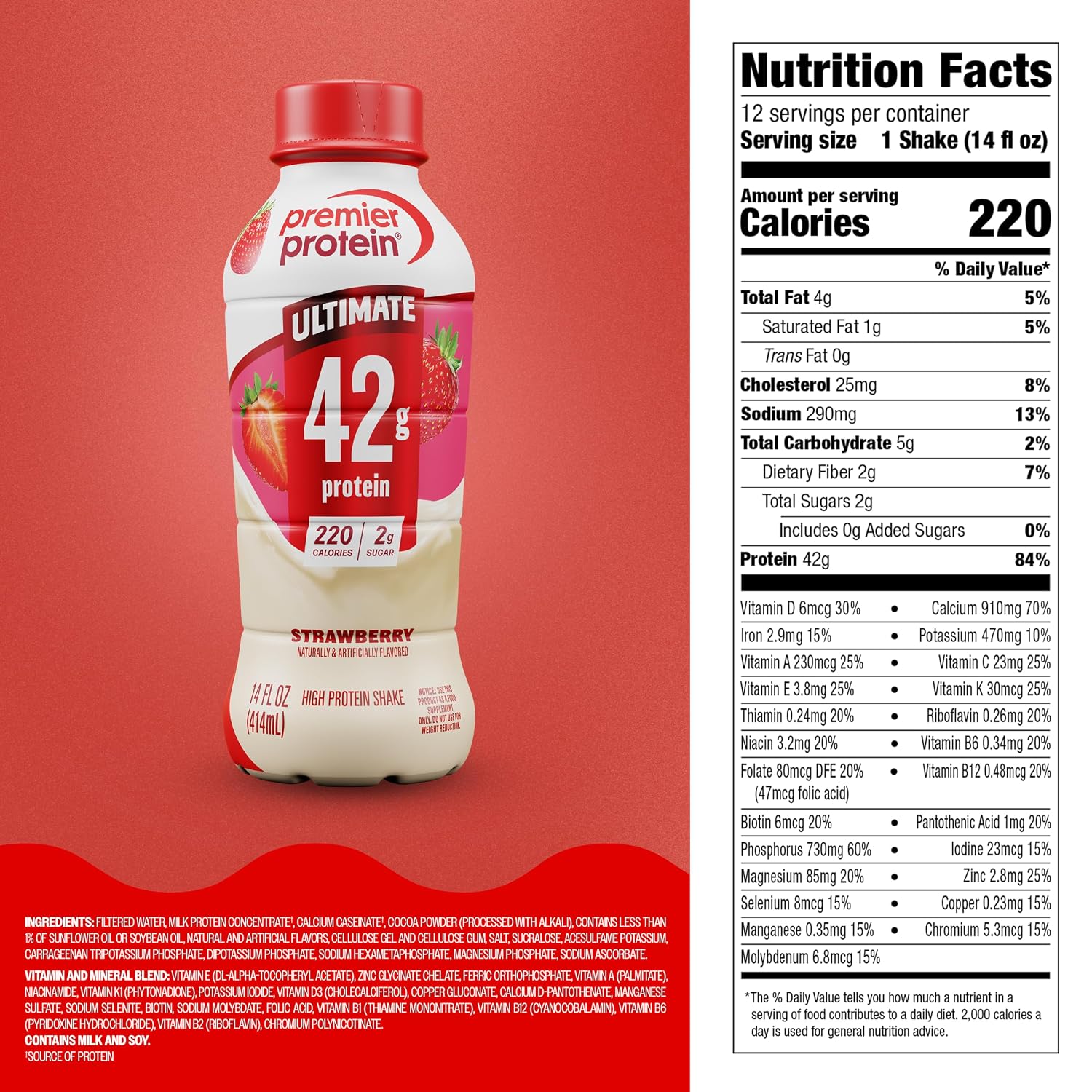 Premier Protein ULTIMATE High Protein Shake, 42g Protein, 2g Sugar, Strawberry, 14 fl oz (12 Pack)