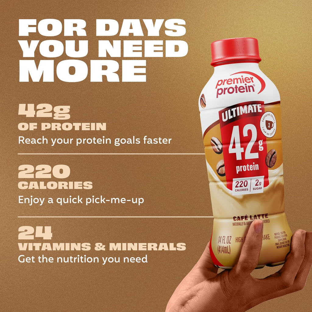 Premier Protein ULTIMATE High Protein Shake, 42g Protein, 2g Sugar, Café Latte, 14 fl oz (12 Pack)
